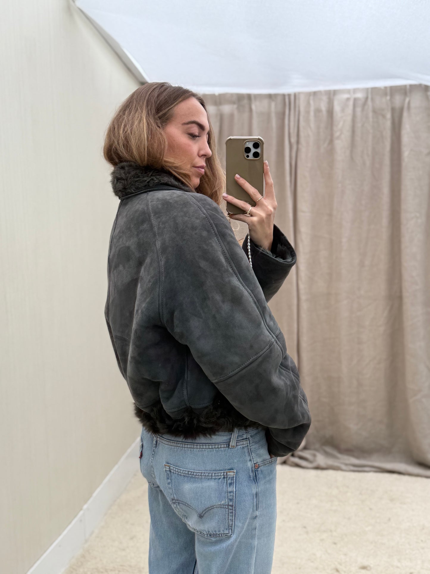 Vintage cropped lammy coat reversible maat M-XL Grijs