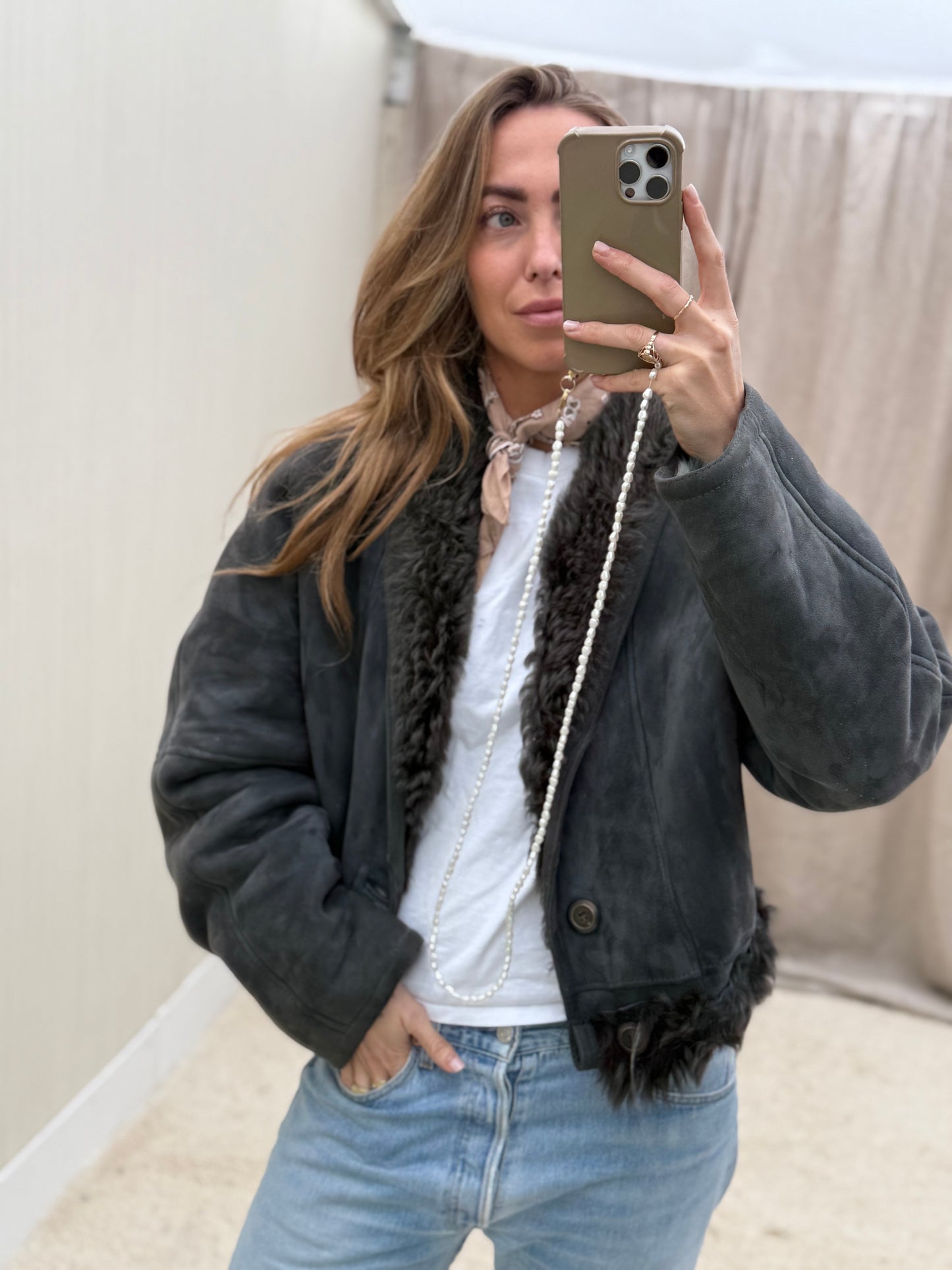 Vintage cropped lammy coat reversible maat M-XL Grijs