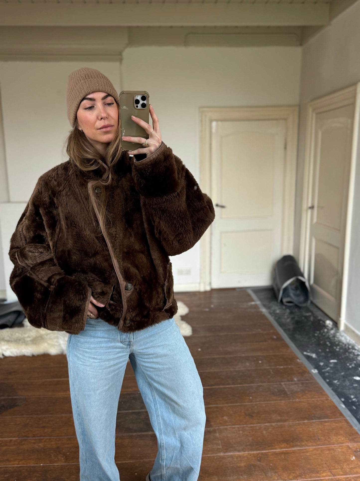 Vintage cropped lammy coat remade reversible bruin maat M-XL