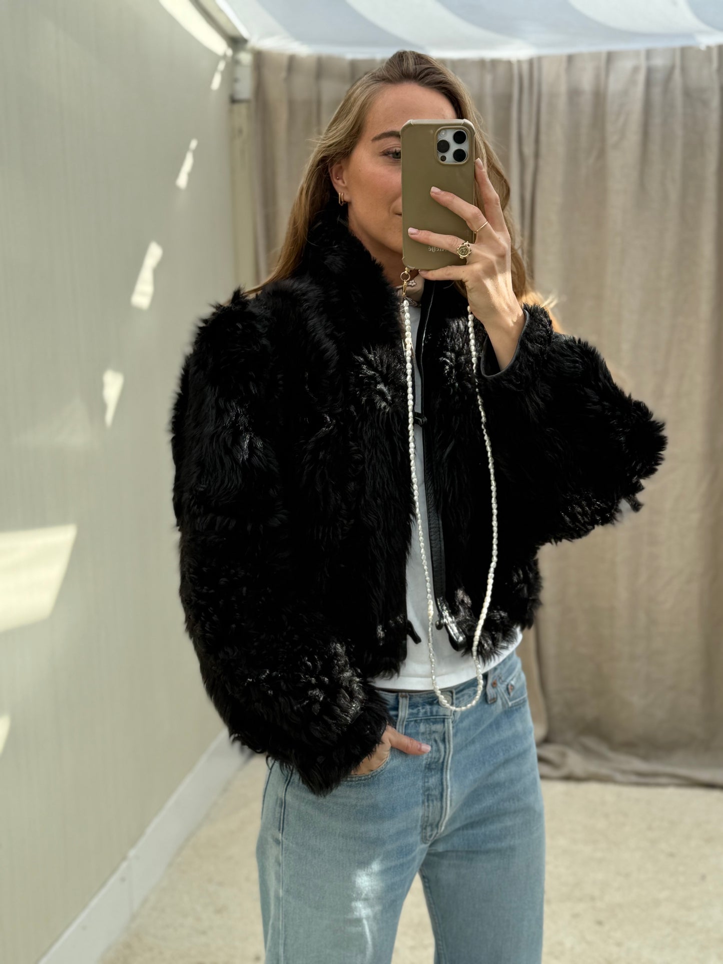 Vintage cropped lammy zwart reversible maat S/M
