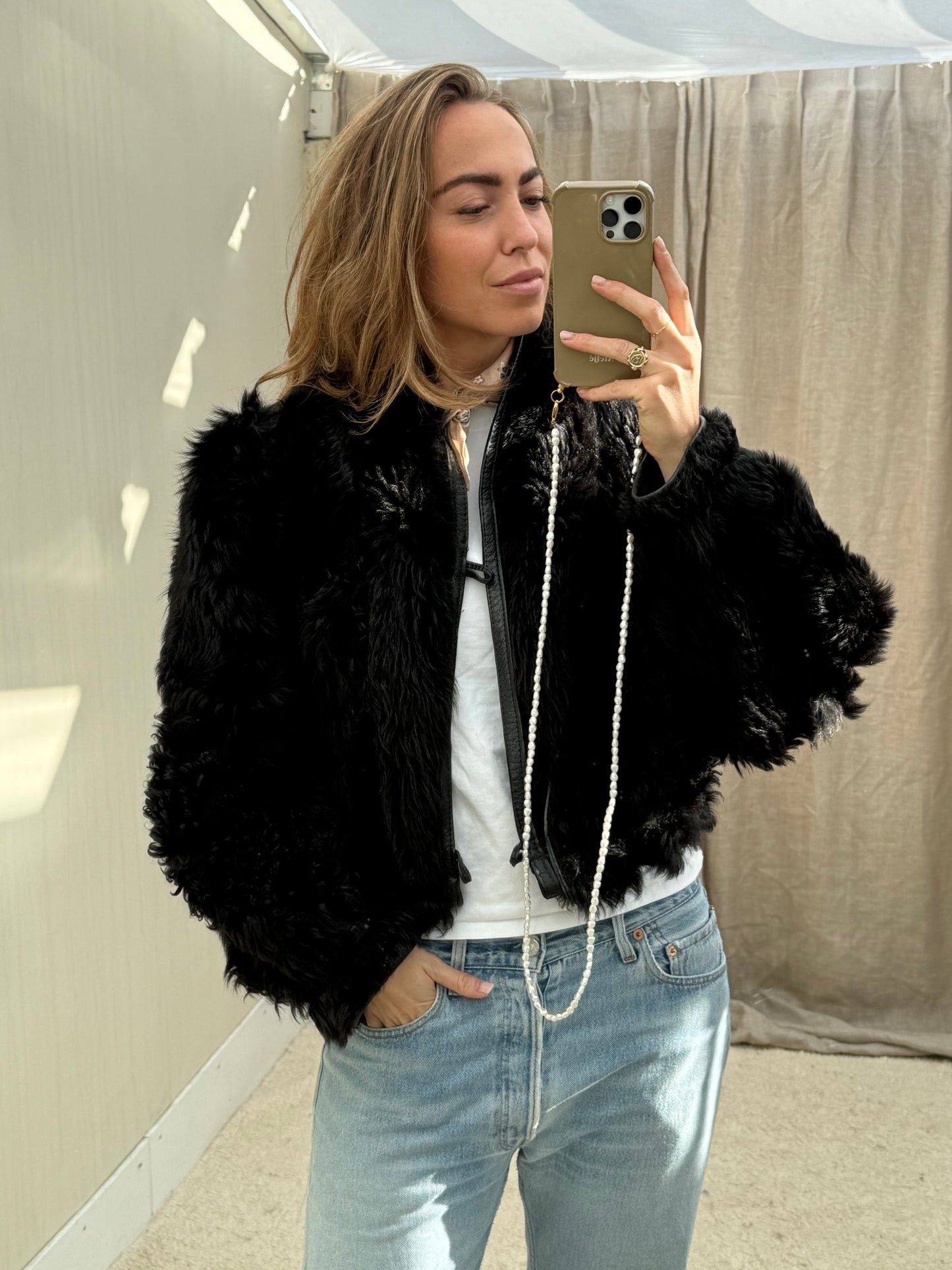 Vintage cropped lammy zwart reversible maat S/M