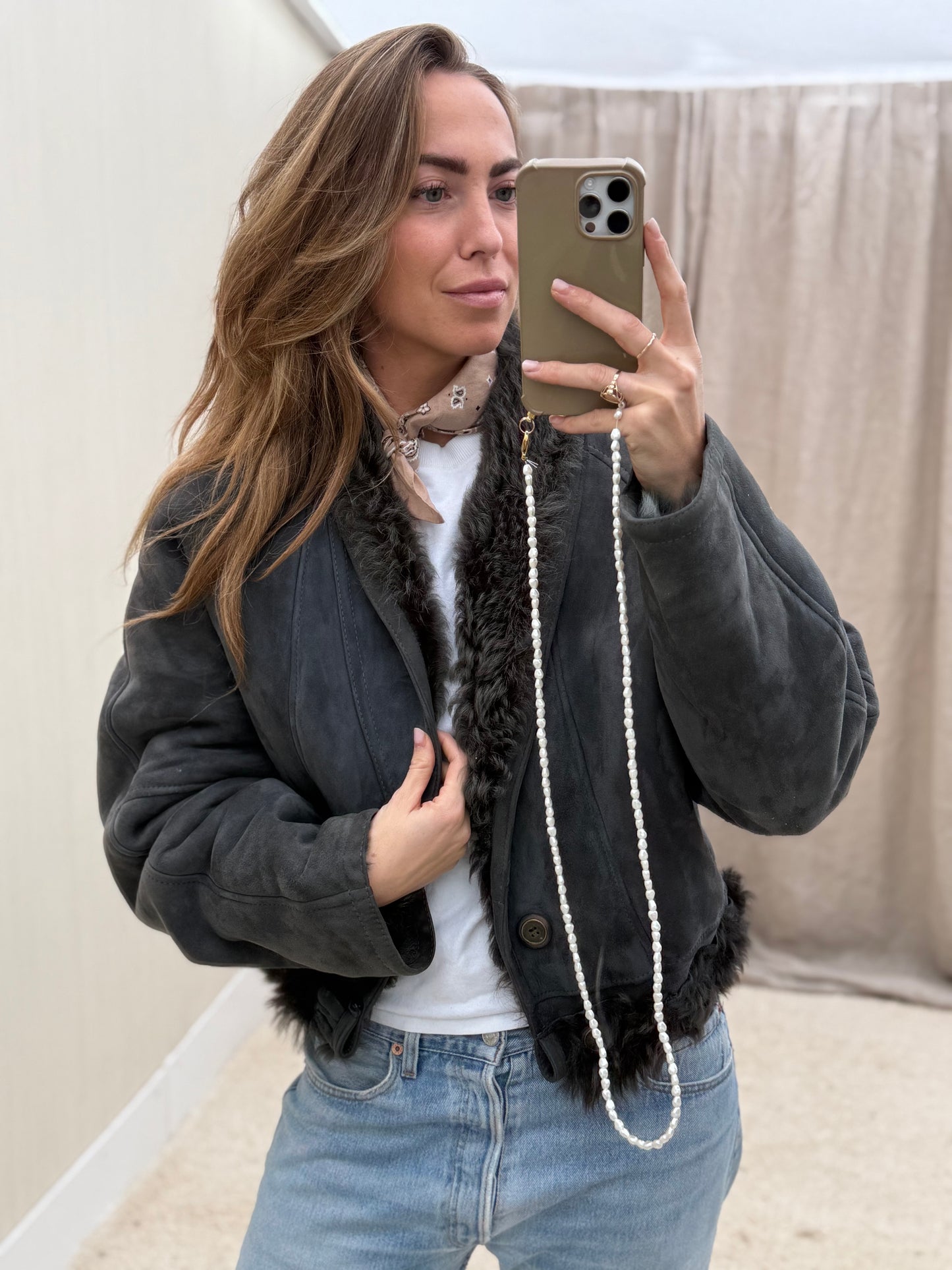Vintage cropped lammy coat reversible maat M-XL Grijs