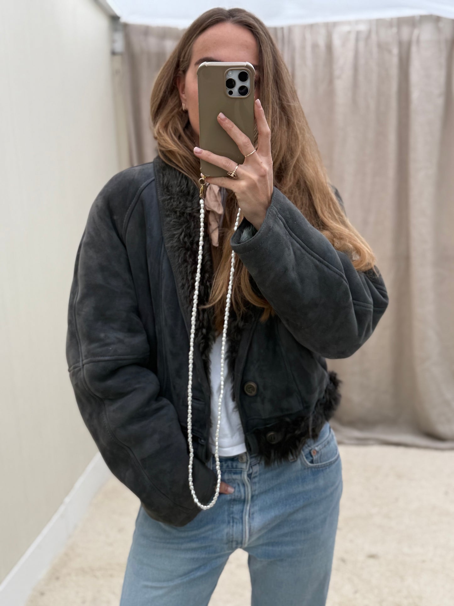 Vintage cropped lammy coat reversible maat M-XL Grijs