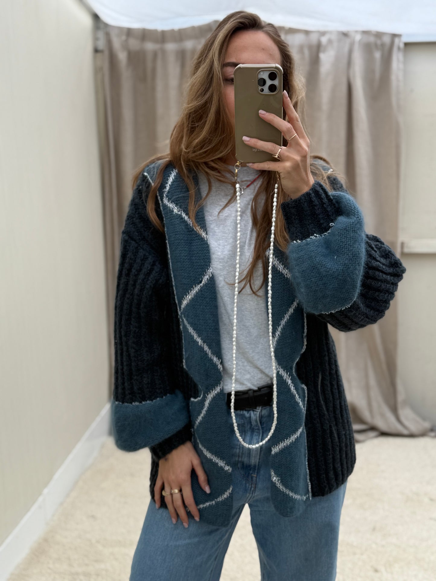 Vintage vest one size gebreid blauw turquoise