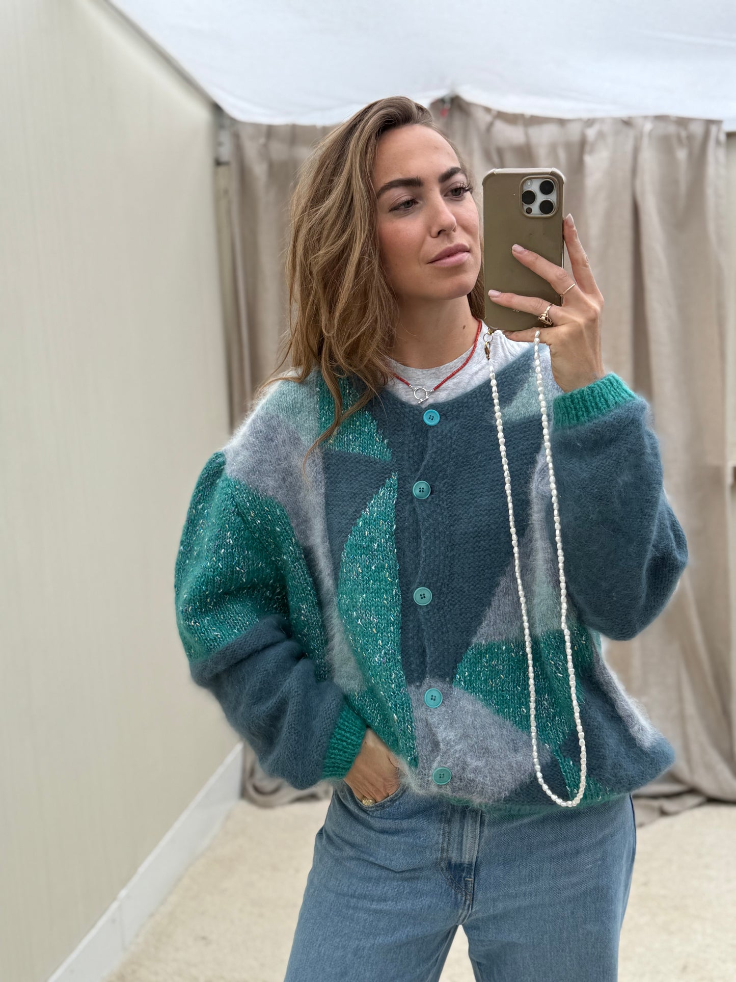 Vintage cardigan Turquoise handgemaakt one size gebreid knit