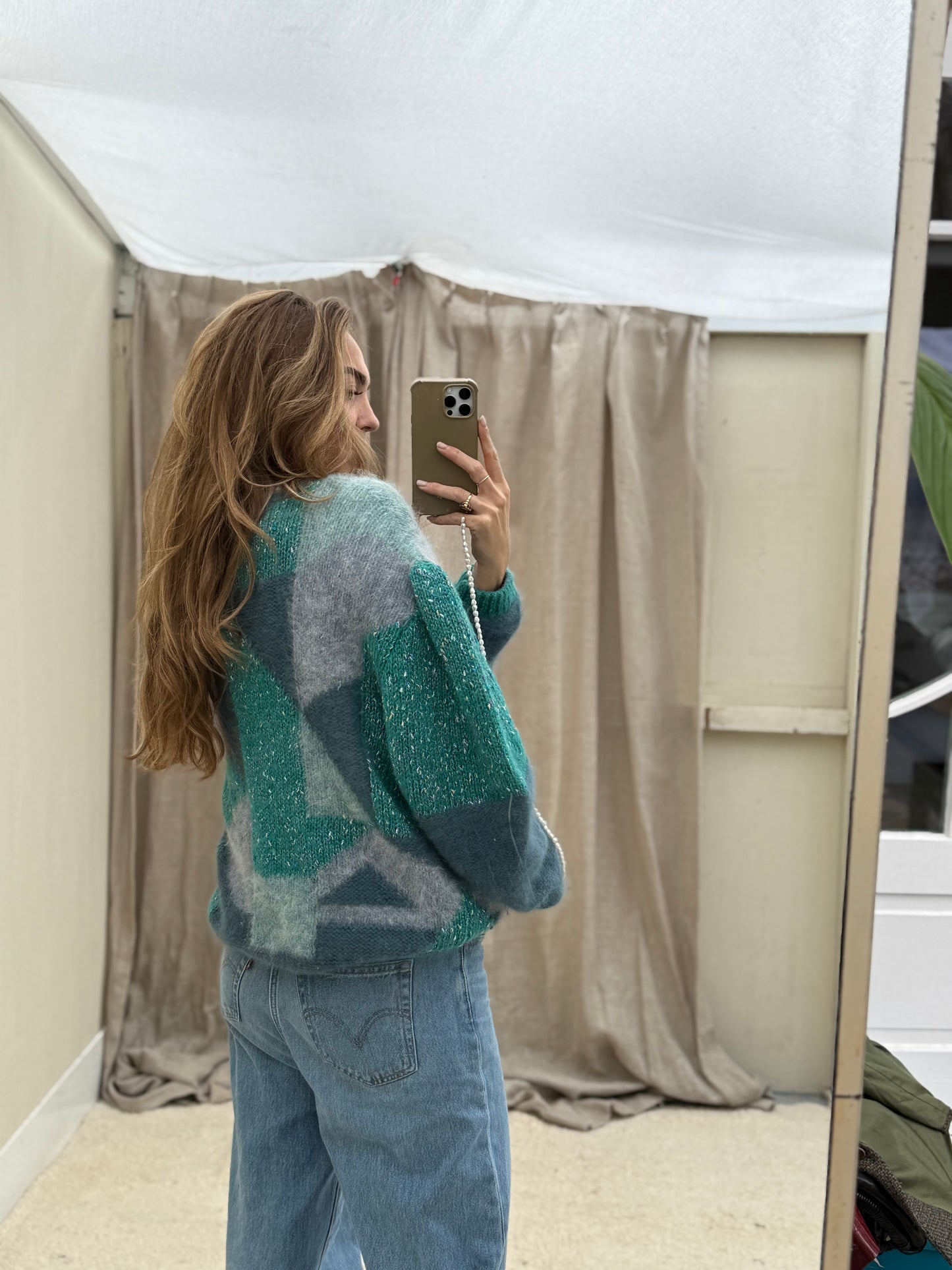 Vintage cardigan Turquoise handgemaakt one size gebreid knit