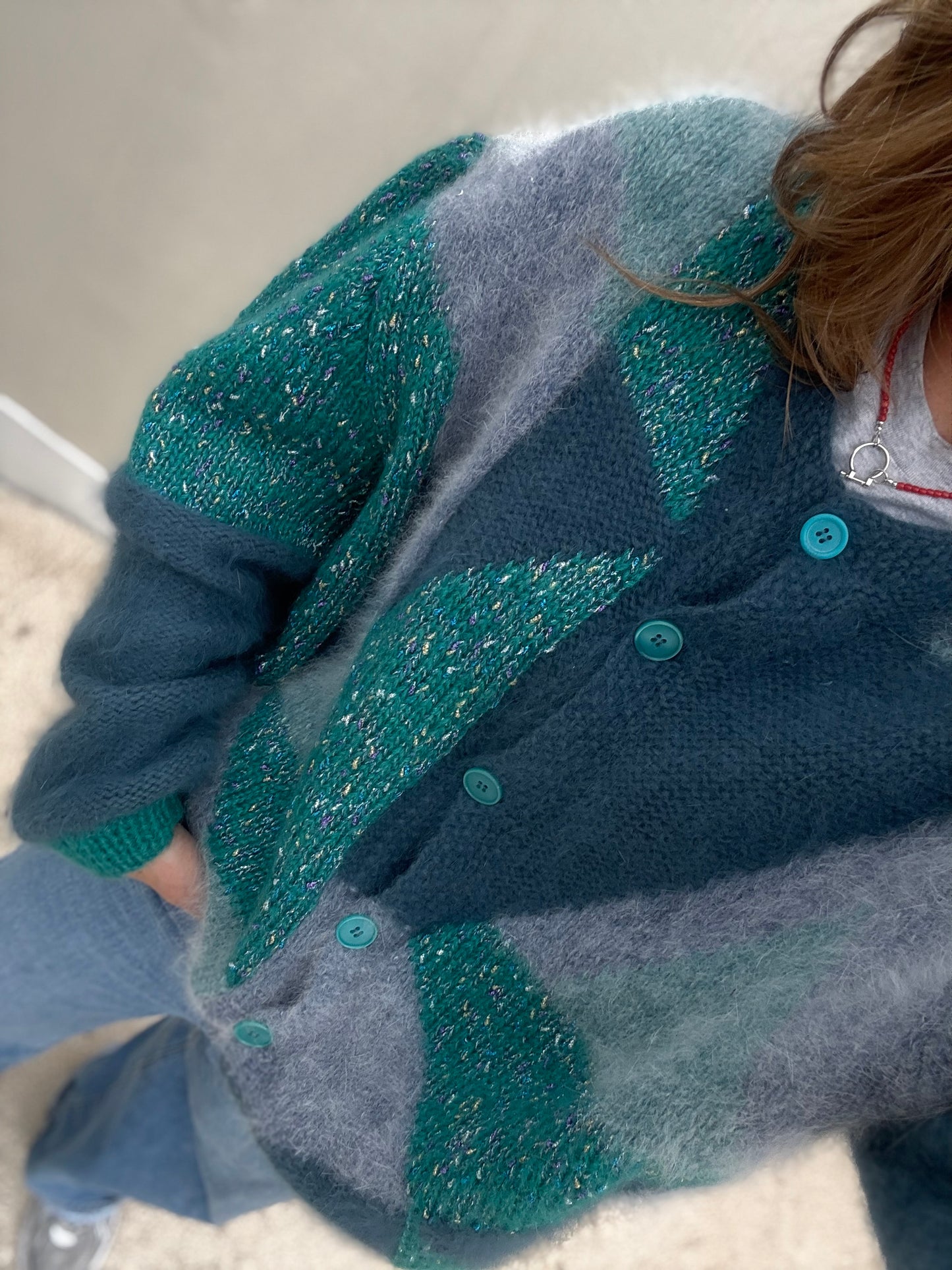 Vintage cardigan Turquoise handgemaakt one size gebreid knit