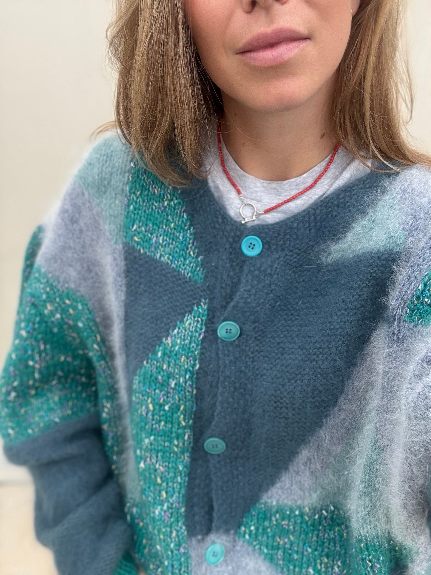 Vintage cardigan Turquoise handgemaakt one size gebreid knit