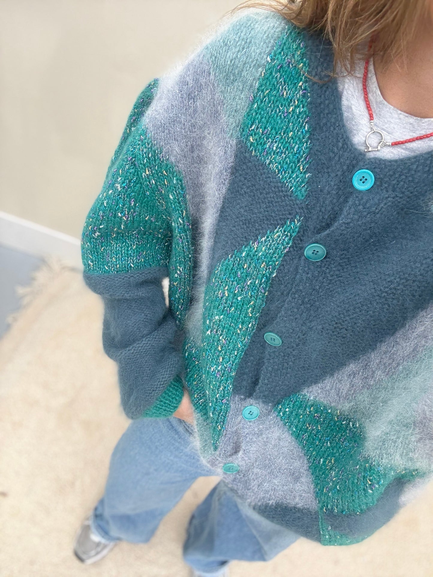 Vintage cardigan Turquoise handgemaakt one size gebreid knit