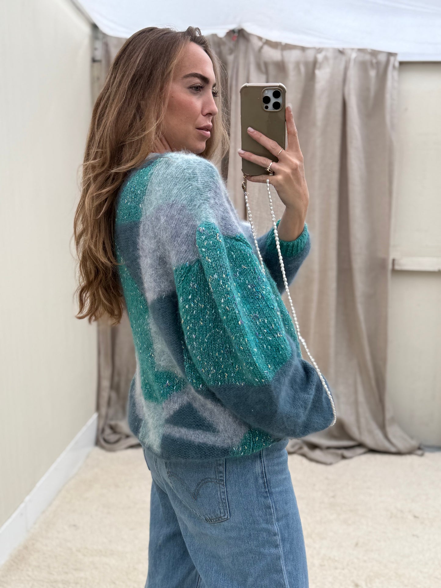 Vintage cardigan Turquoise handgemaakt one size gebreid knit