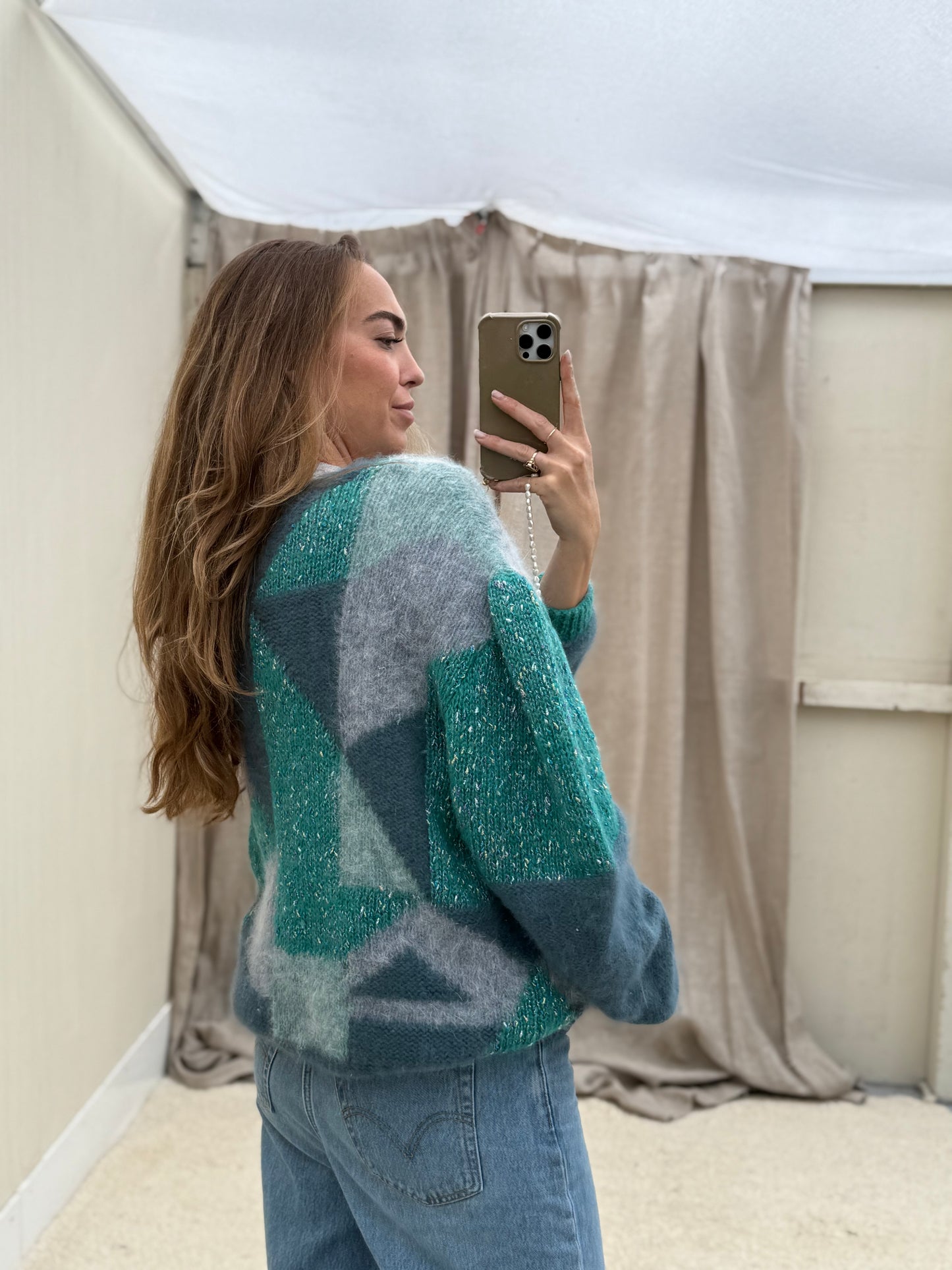 Vintage cardigan Turquoise handgemaakt one size gebreid knit