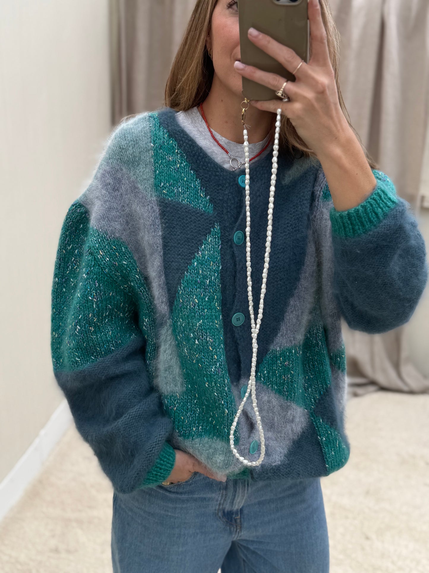 Vintage cardigan Turquoise handgemaakt one size gebreid knit