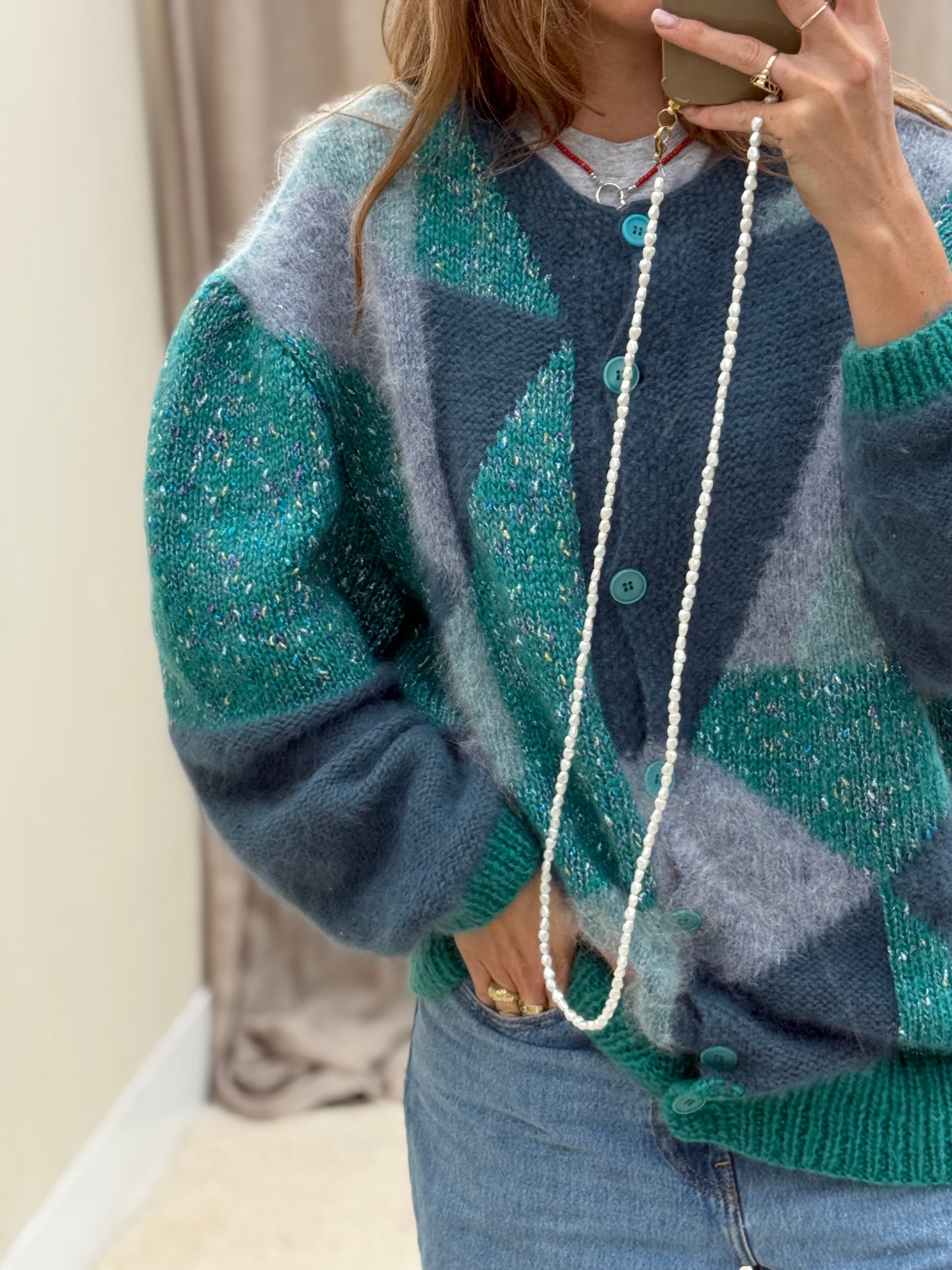Vintage cardigan Turquoise handgemaakt one size gebreid knit