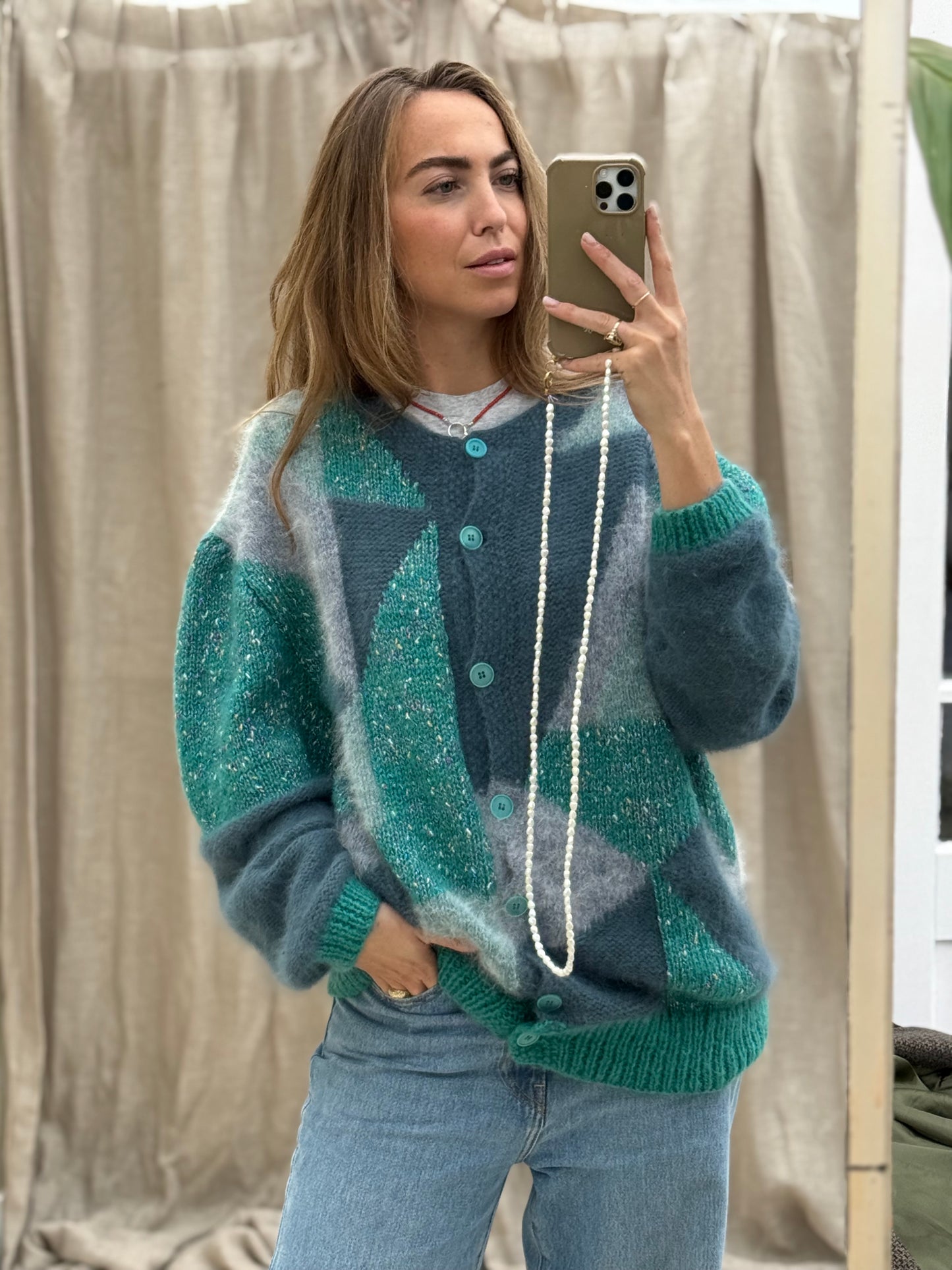 Vintage cardigan Turquoise handgemaakt one size gebreid knit