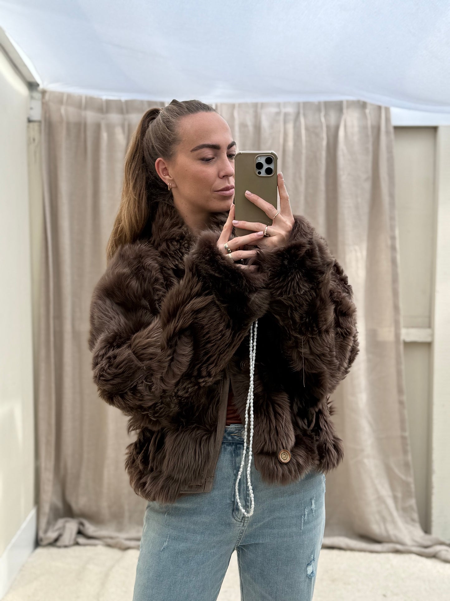 Vintage cropped lammy reversible maat M-XL taupe