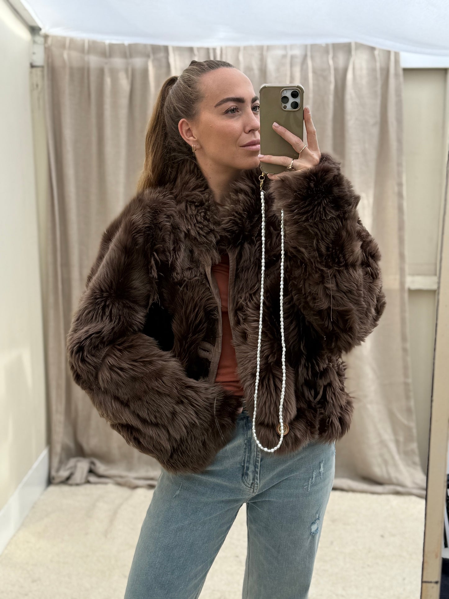 Vintage cropped lammy reversible maat M-XL taupe
