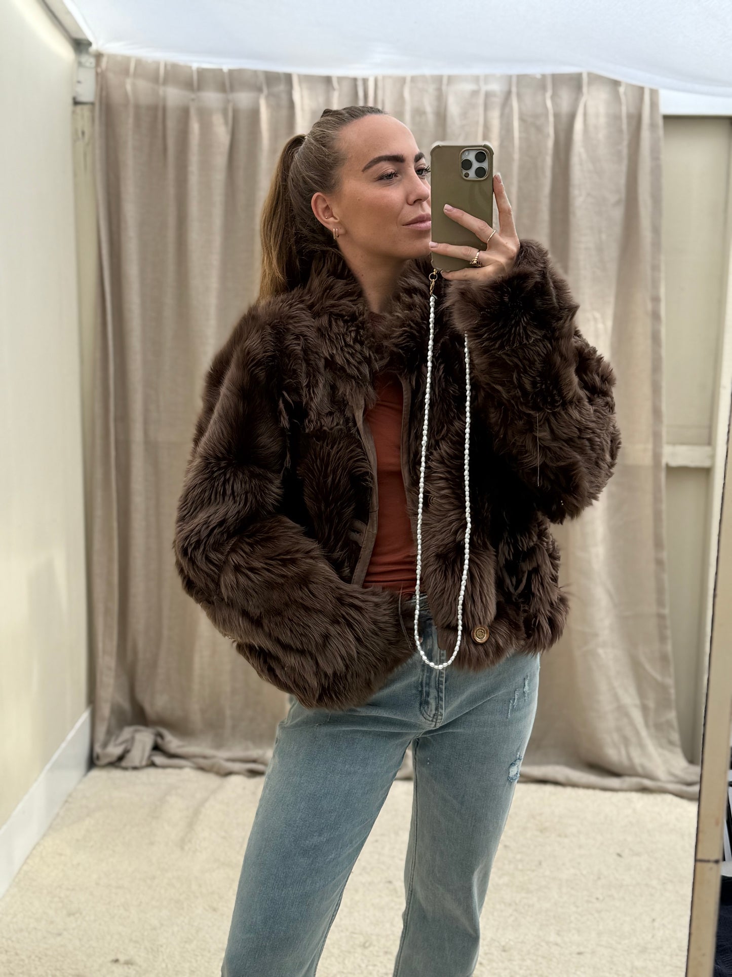 Vintage cropped lammy reversible maat M-XL taupe