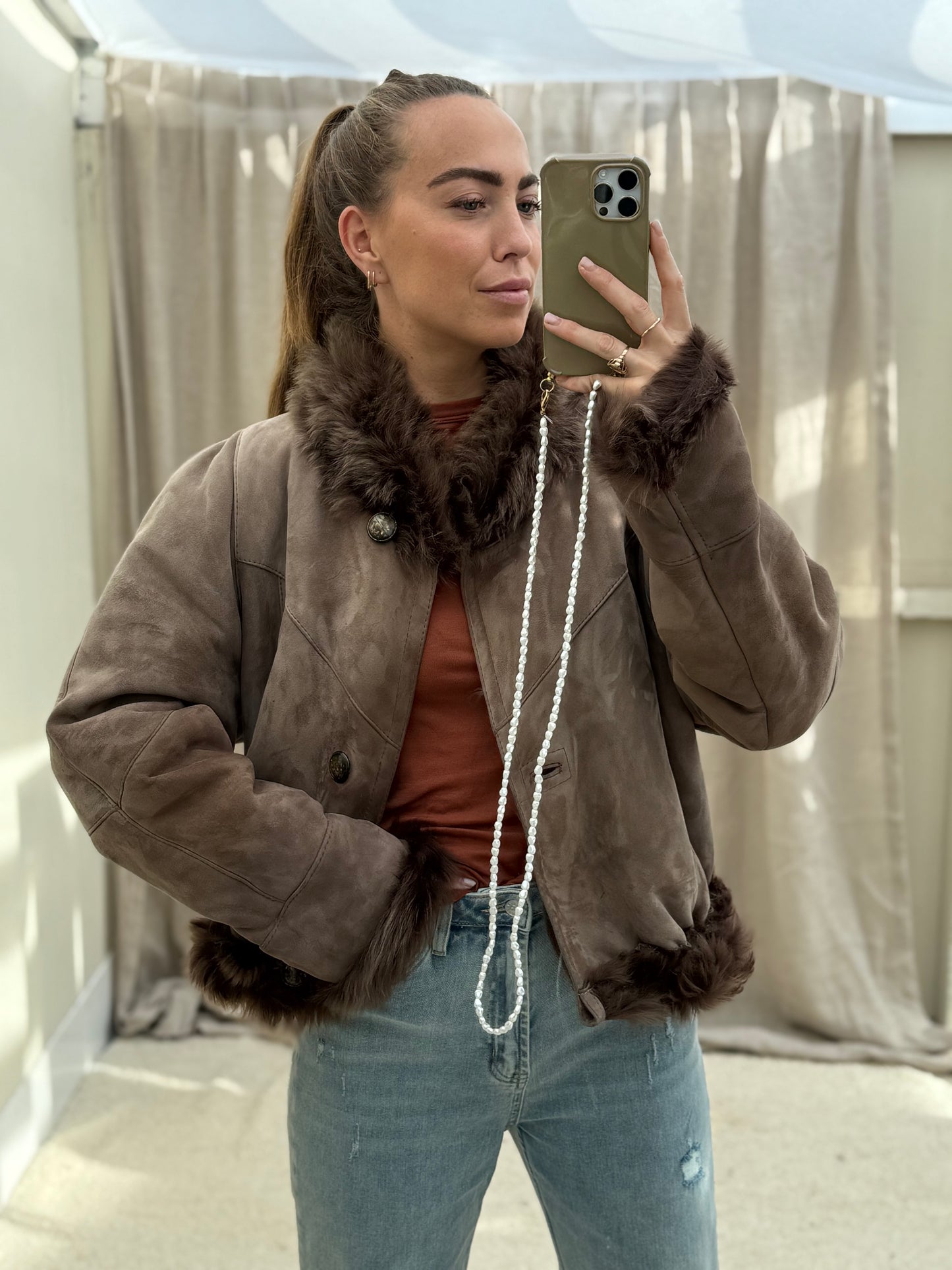 Vintage cropped lammy reversible maat M-XL taupe