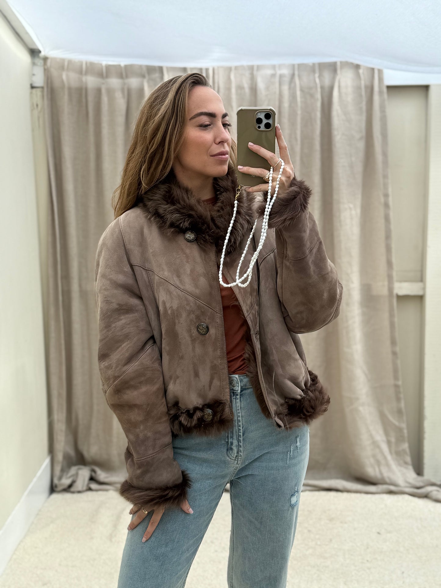 Vintage cropped lammy reversible maat M-XL taupe