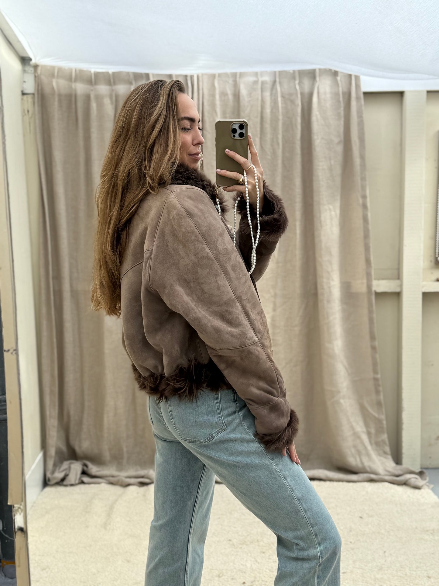 Vintage cropped lammy reversible maat M-XL taupe