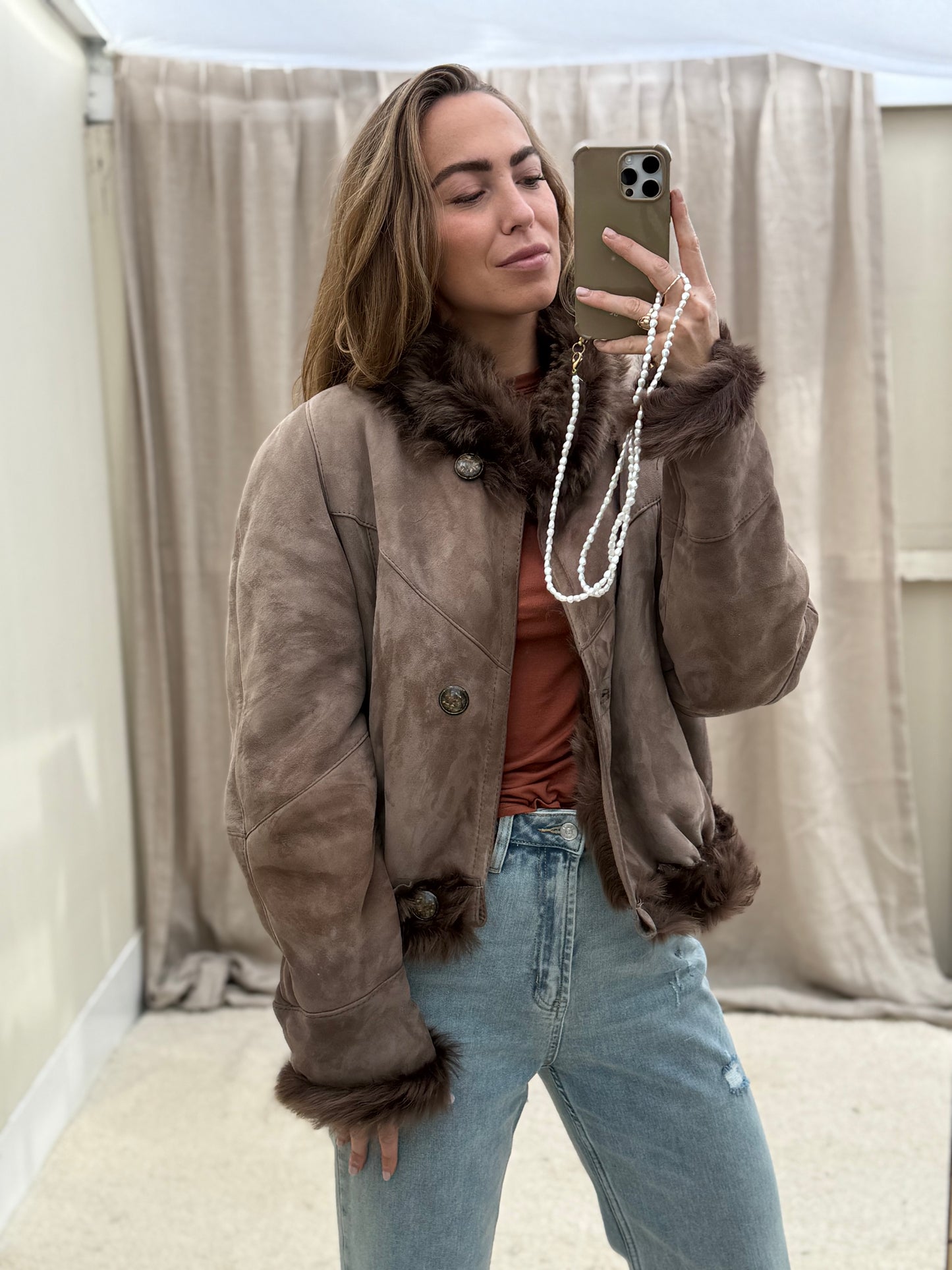 Vintage cropped lammy reversible maat M-XL taupe