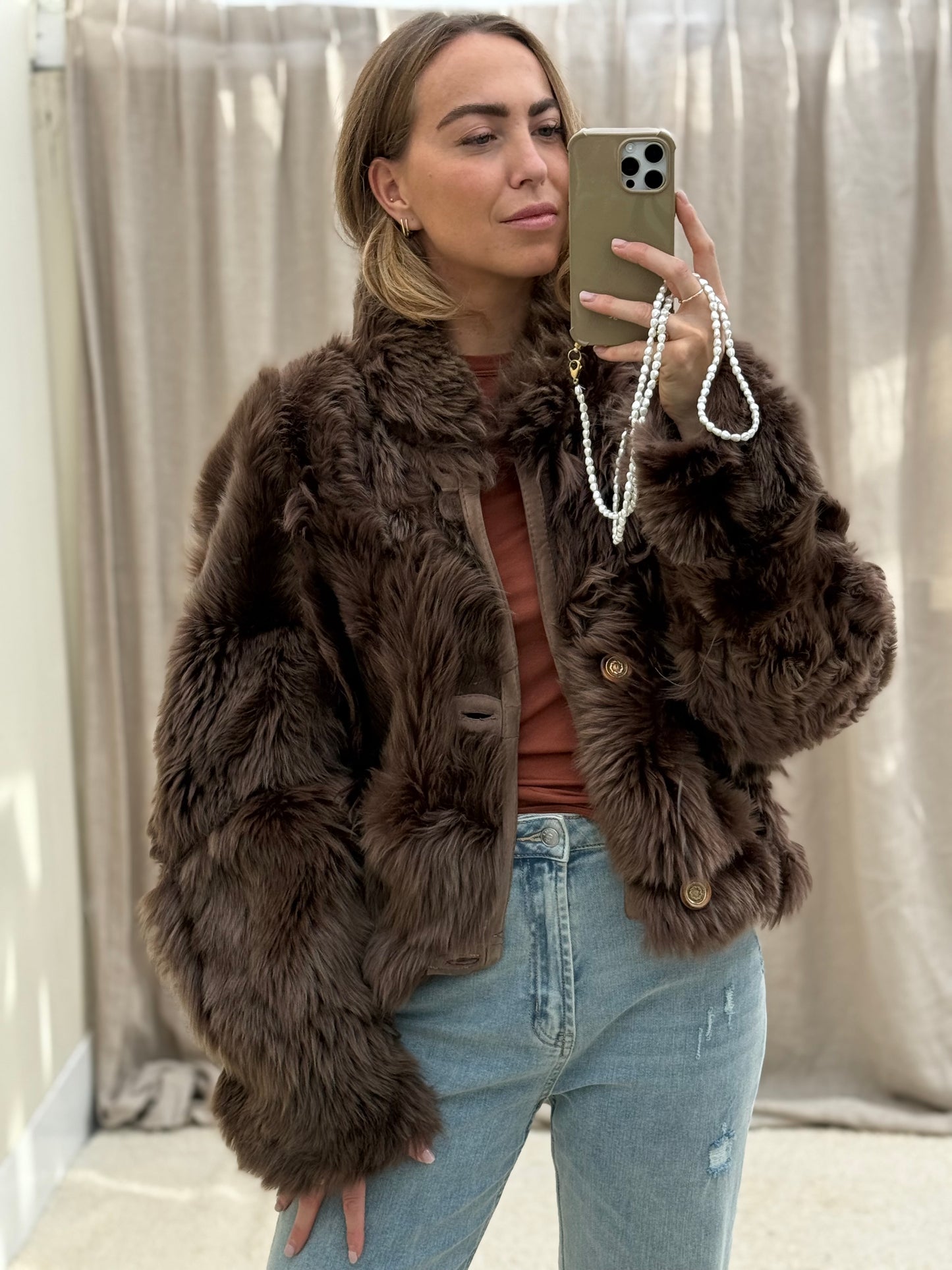 Vintage cropped lammy reversible maat M-XL taupe