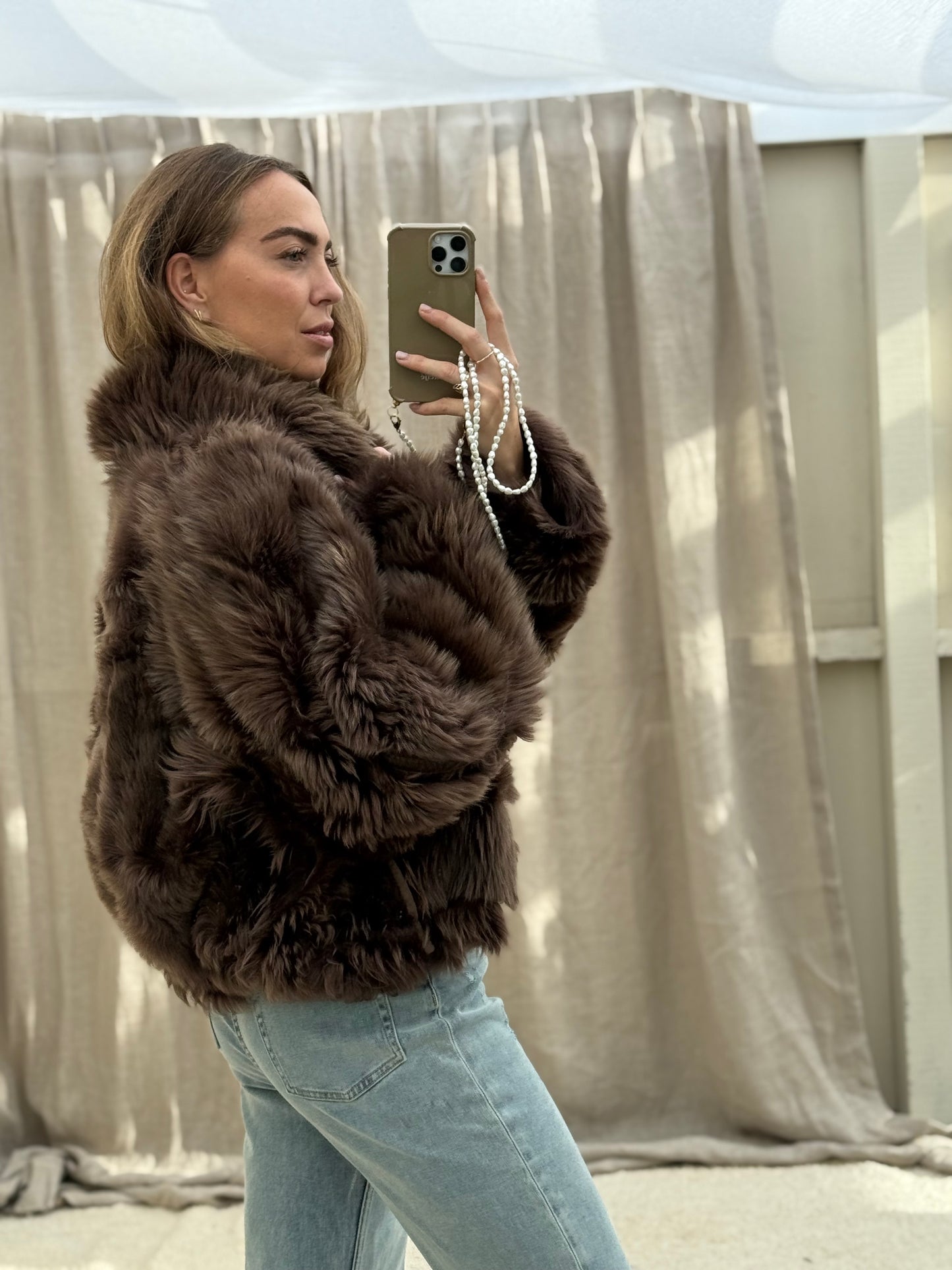 Vintage cropped lammy reversible maat M-XL taupe