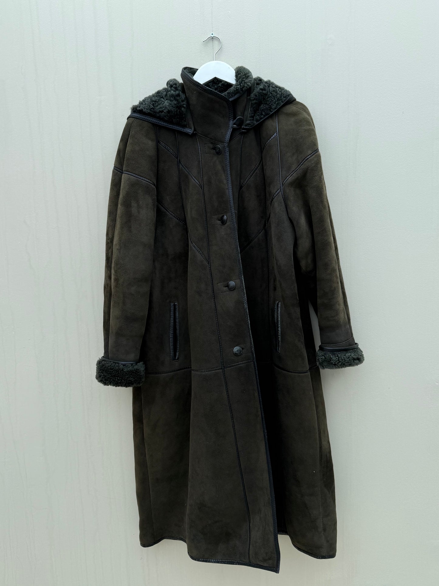 Vintage lammy coat shearling groen lange jas maxi coat capuchon