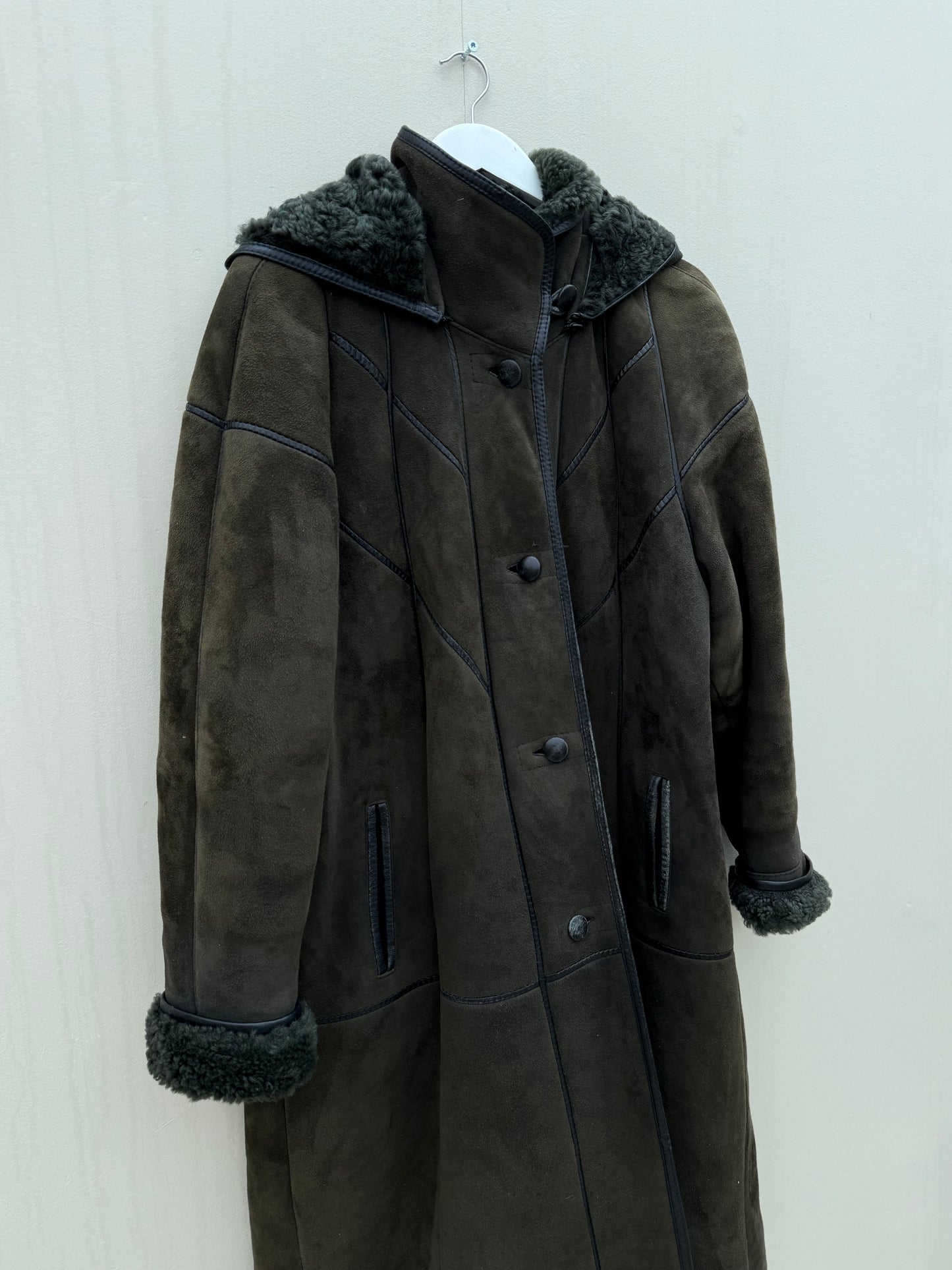Vintage lammy coat shearling groen lange jas maxi coat capuchon