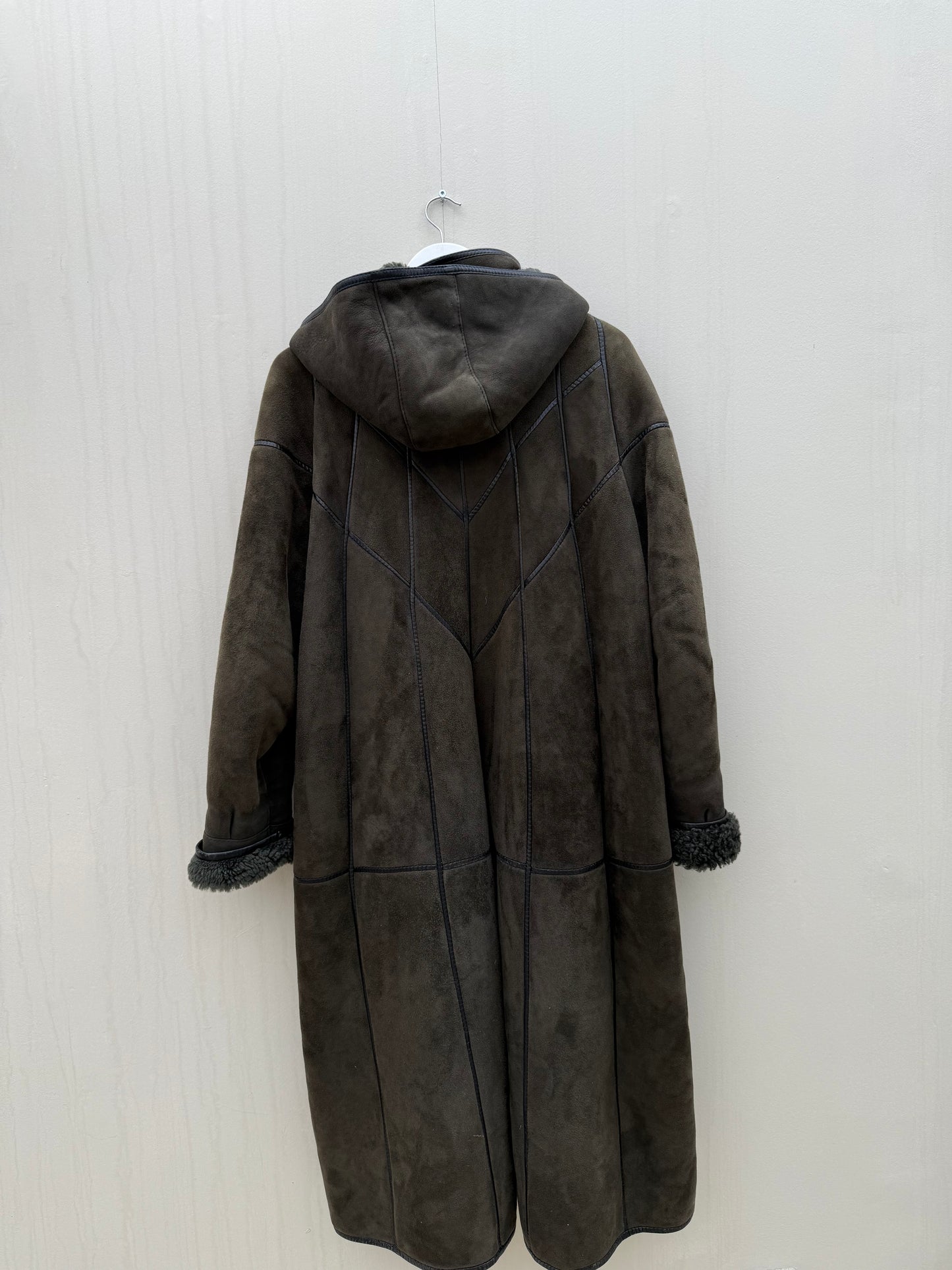 Vintage lammy coat shearling groen lange jas maxi coat capuchon