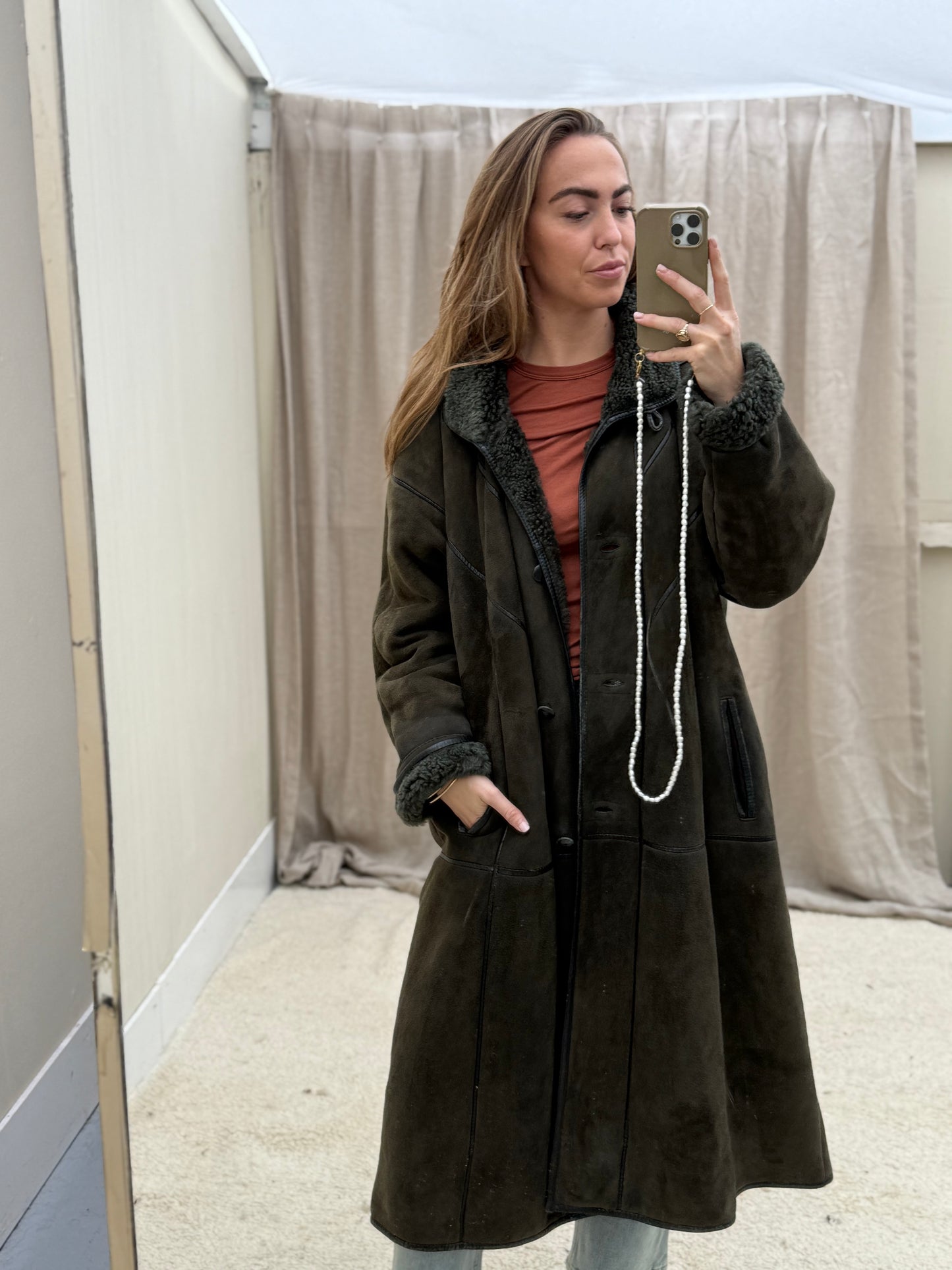 Vintage lammy coat shearling groen lange jas maxi coat capuchon
