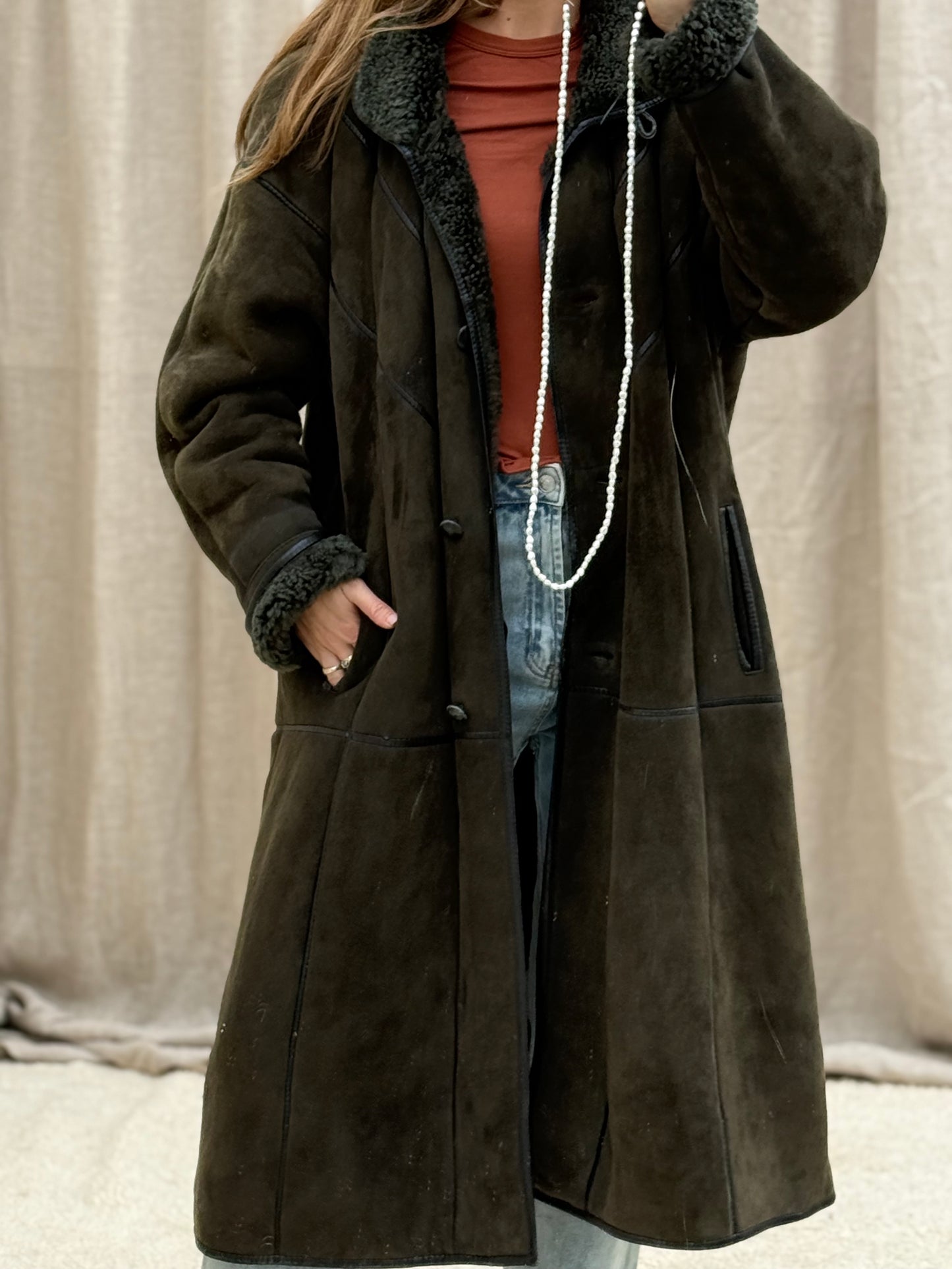 Vintage lammy coat shearling groen lange jas maxi coat capuchon
