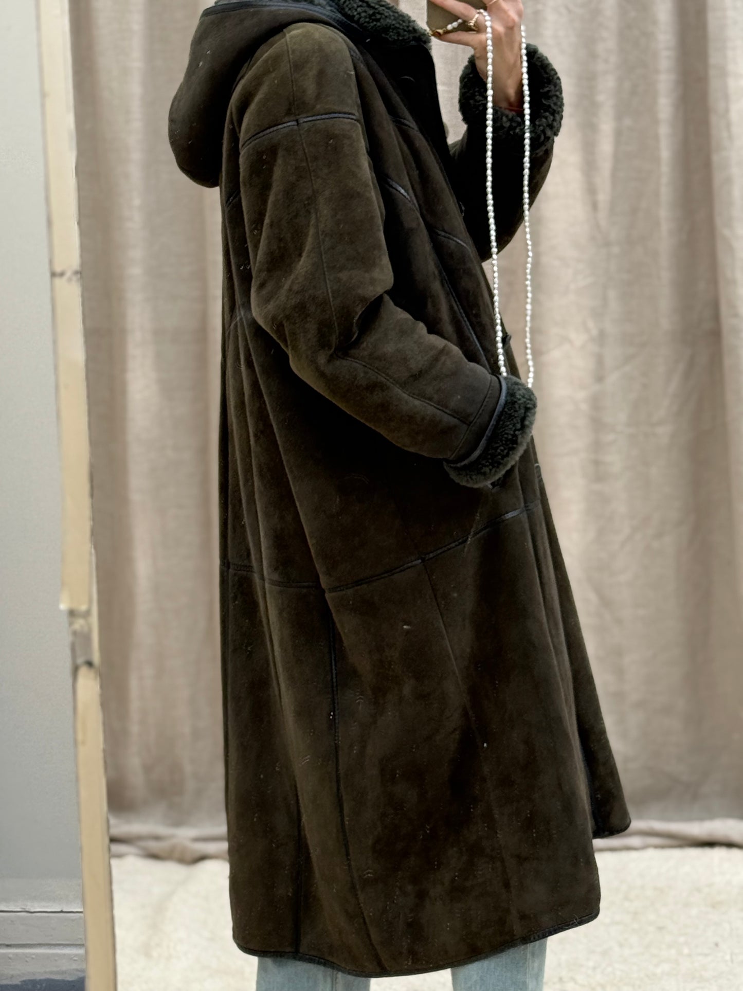 Vintage lammy coat shearling groen lange jas maxi coat capuchon