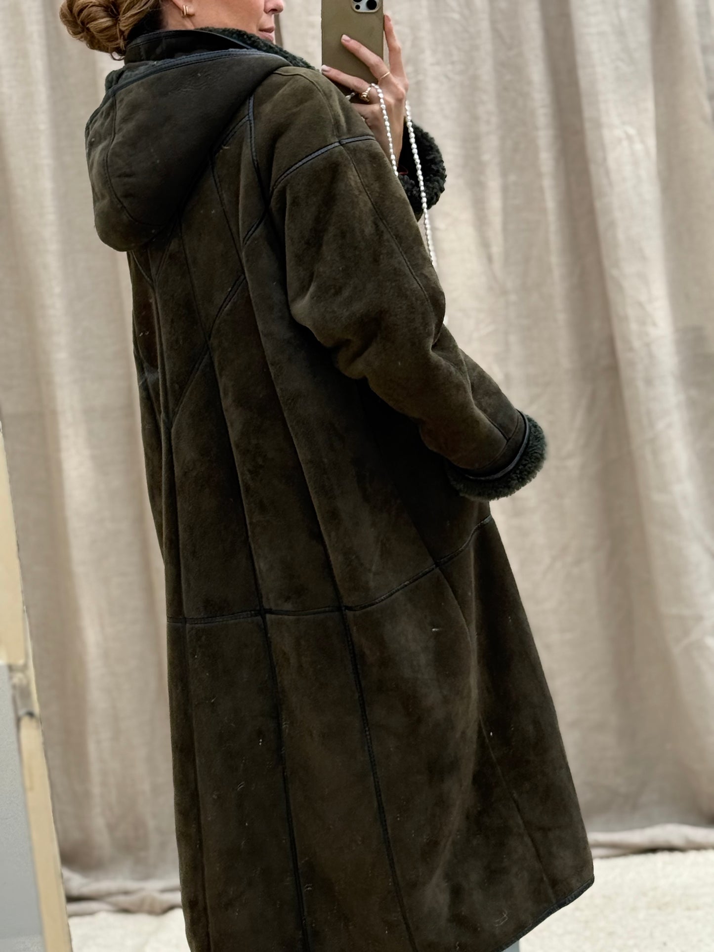 Vintage lammy coat shearling groen lange jas maxi coat capuchon