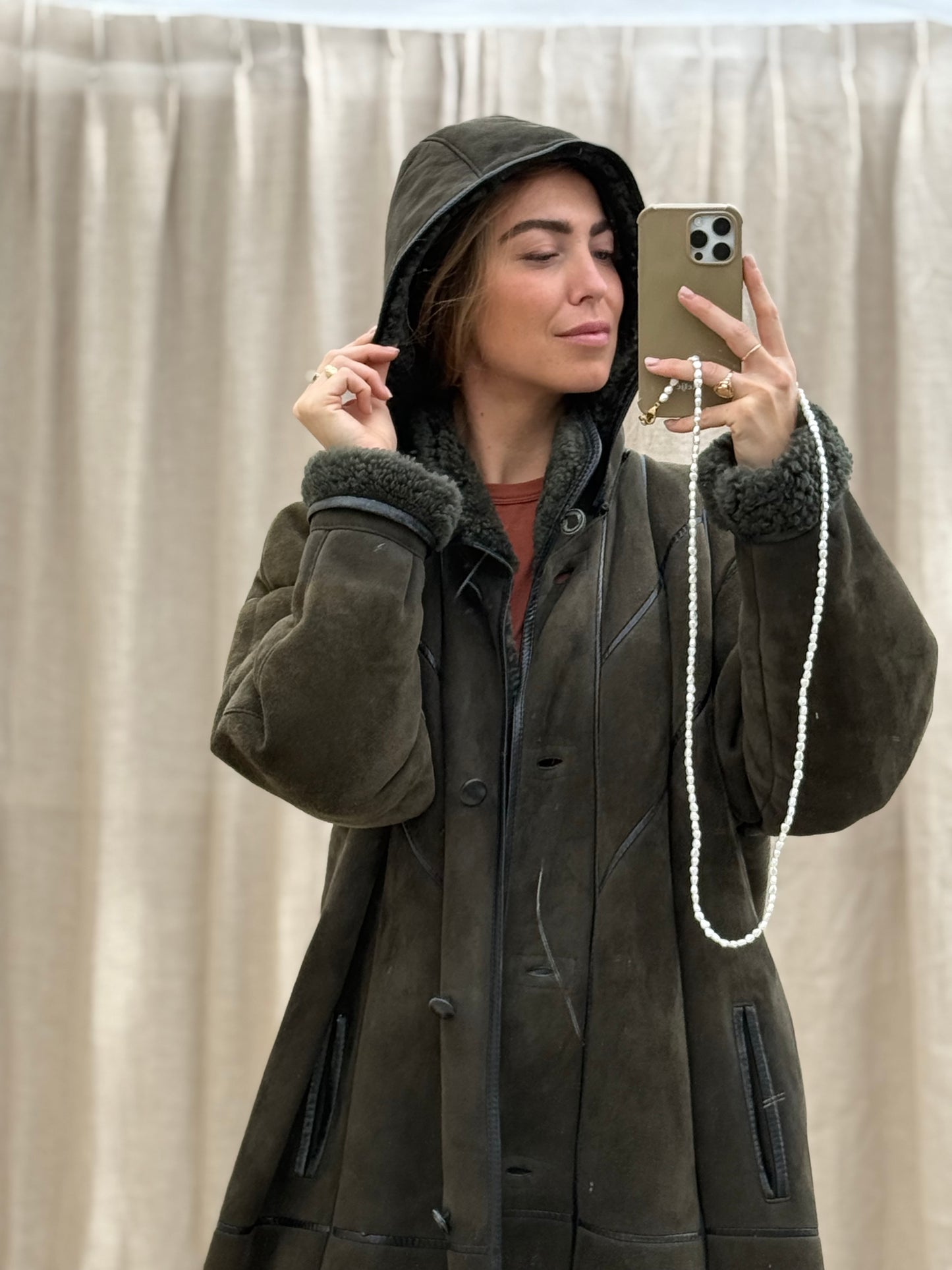 Vintage lammy coat shearling groen lange jas maxi coat capuchon