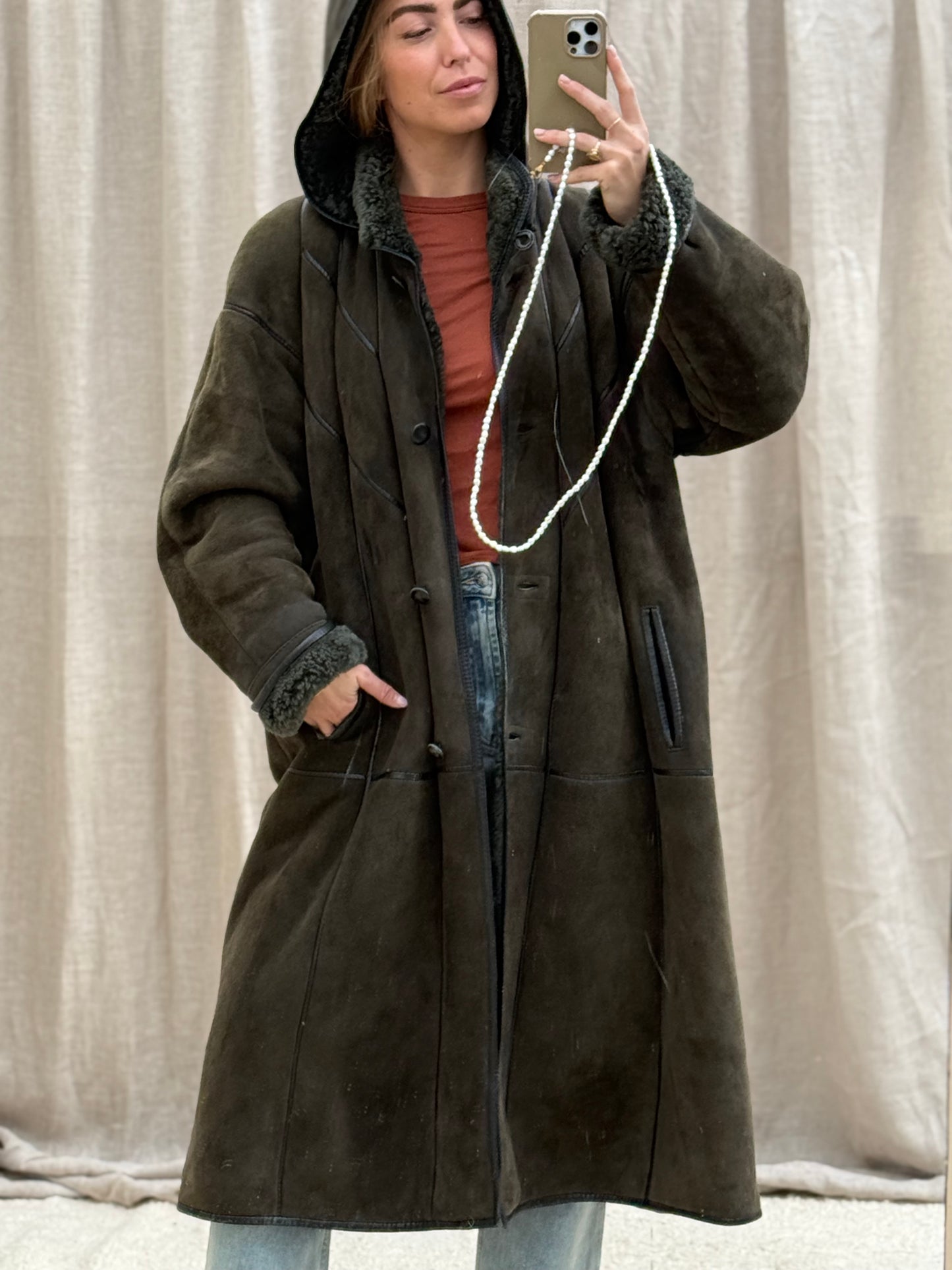 Vintage lammy coat shearling groen lange jas maxi coat capuchon