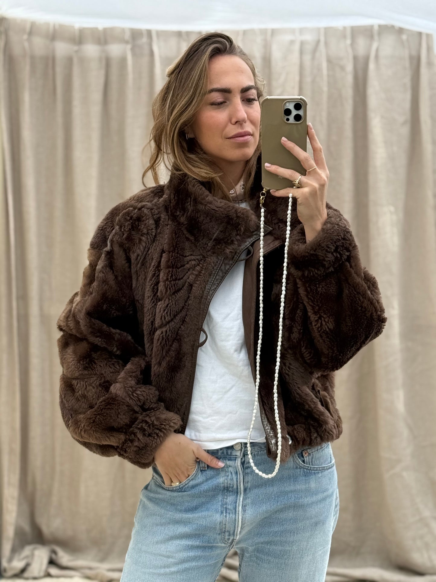 Vintage cropped lammy coat donkerbruin reversible