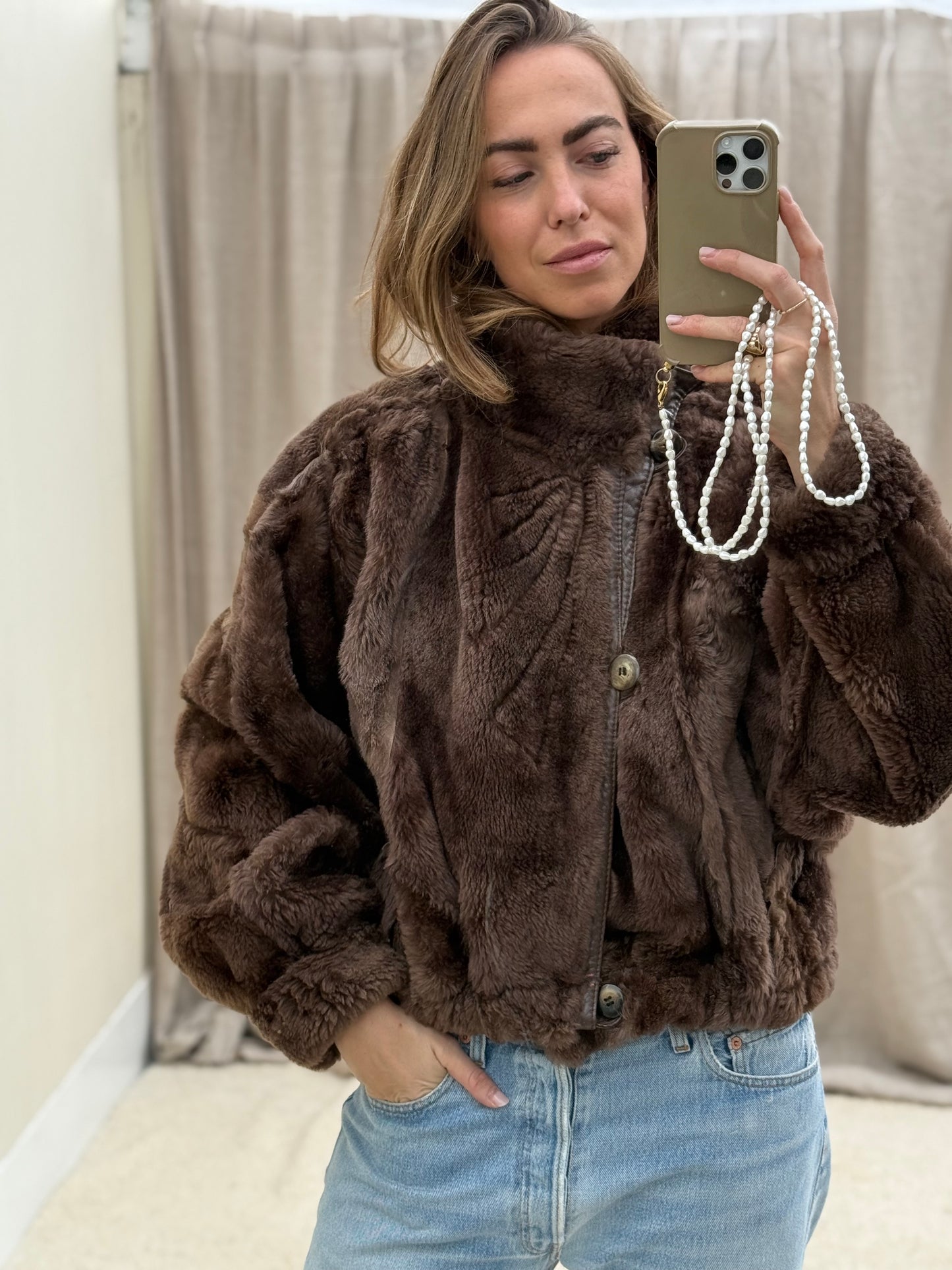 Vintage cropped lammy coat donkerbruin reversible