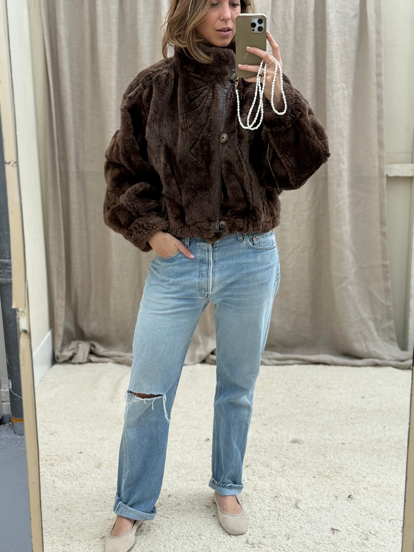 Vintage cropped lammy coat donkerbruin reversible