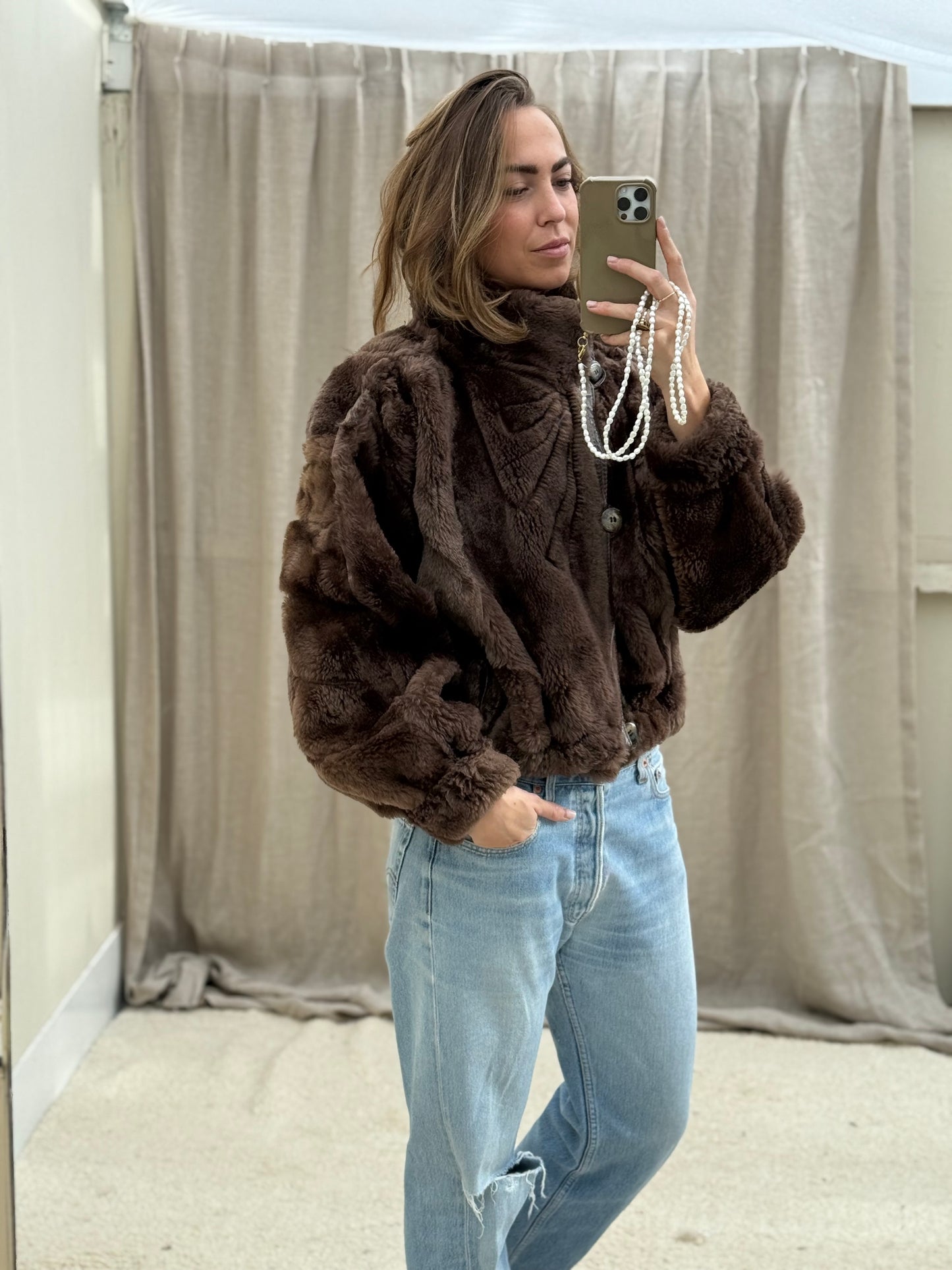 Vintage cropped lammy coat donkerbruin reversible