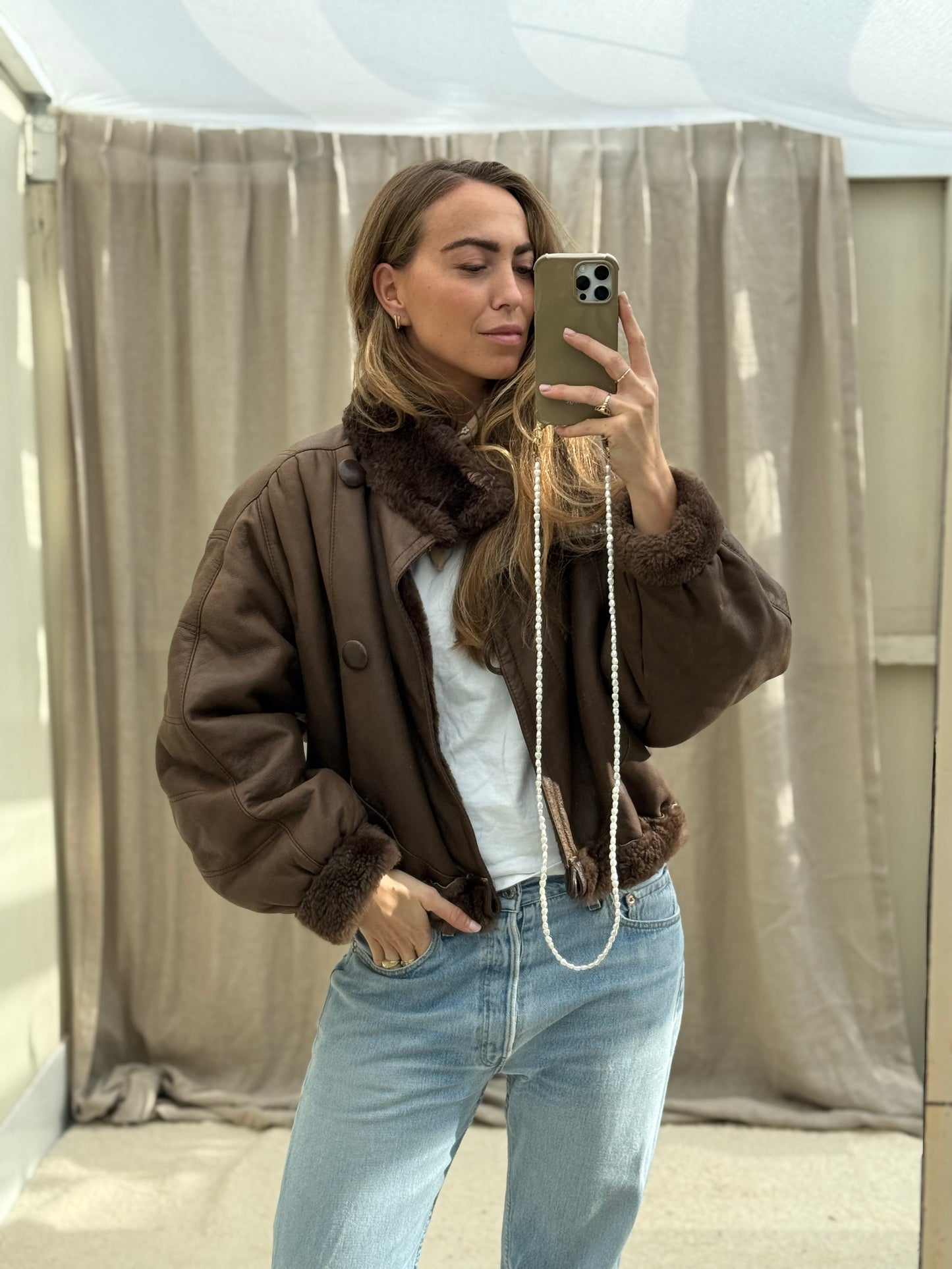 Vintage cropped lammy coat donkerbruin reversible
