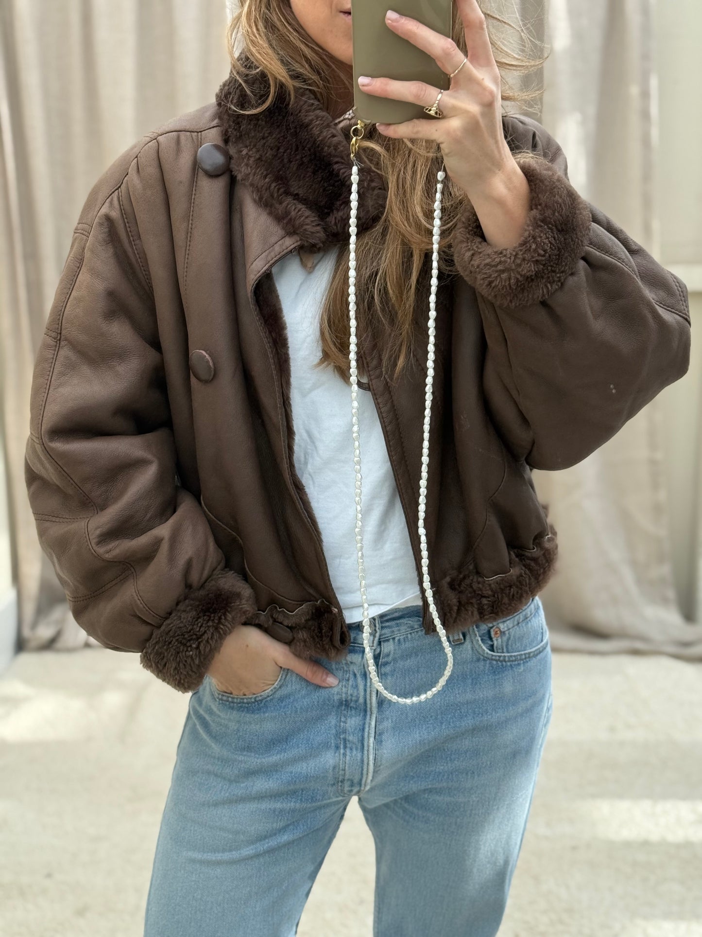 Vintage cropped lammy coat donkerbruin reversible