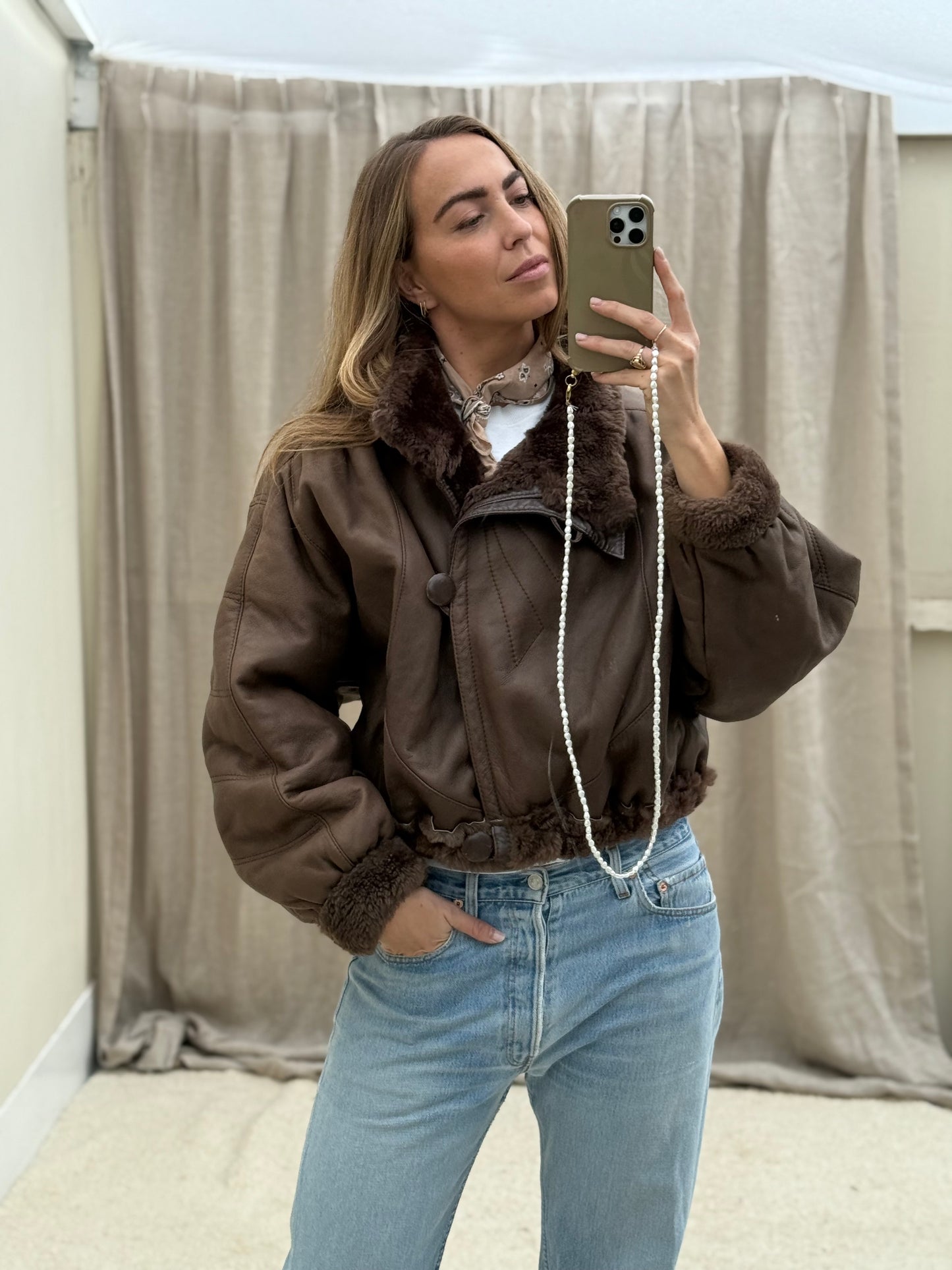 Vintage cropped lammy coat donkerbruin reversible