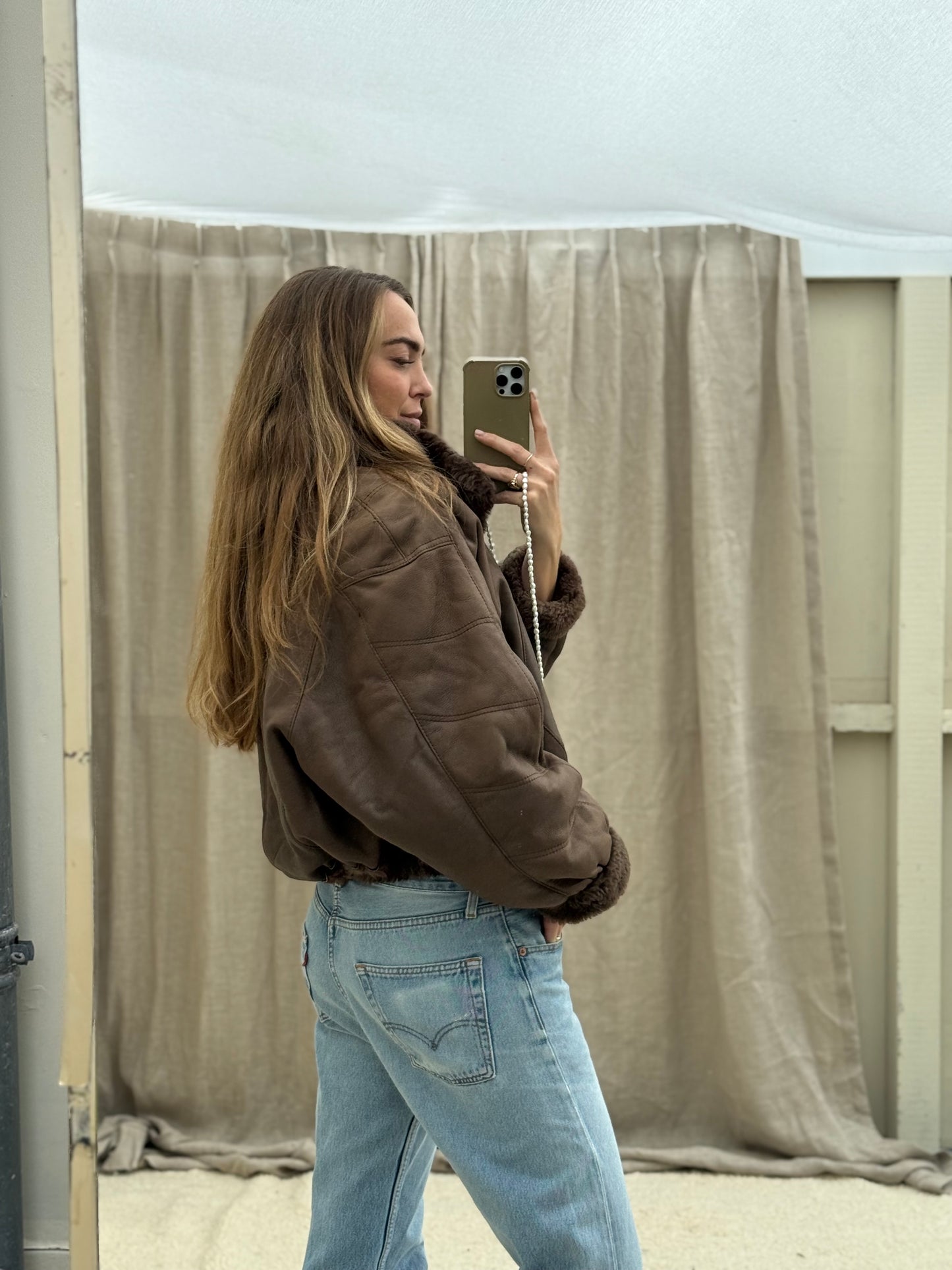Vintage cropped lammy coat donkerbruin reversible