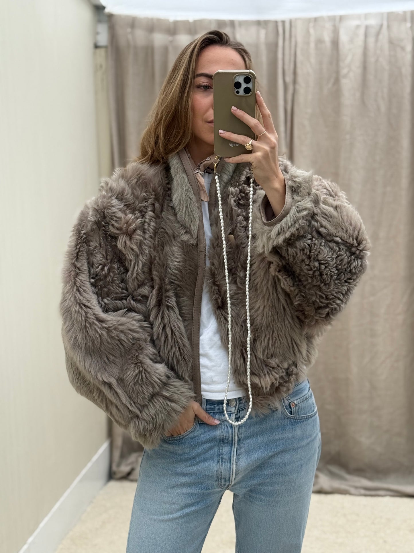 Vintage cropped lammy coat grijs reversible maat S-L