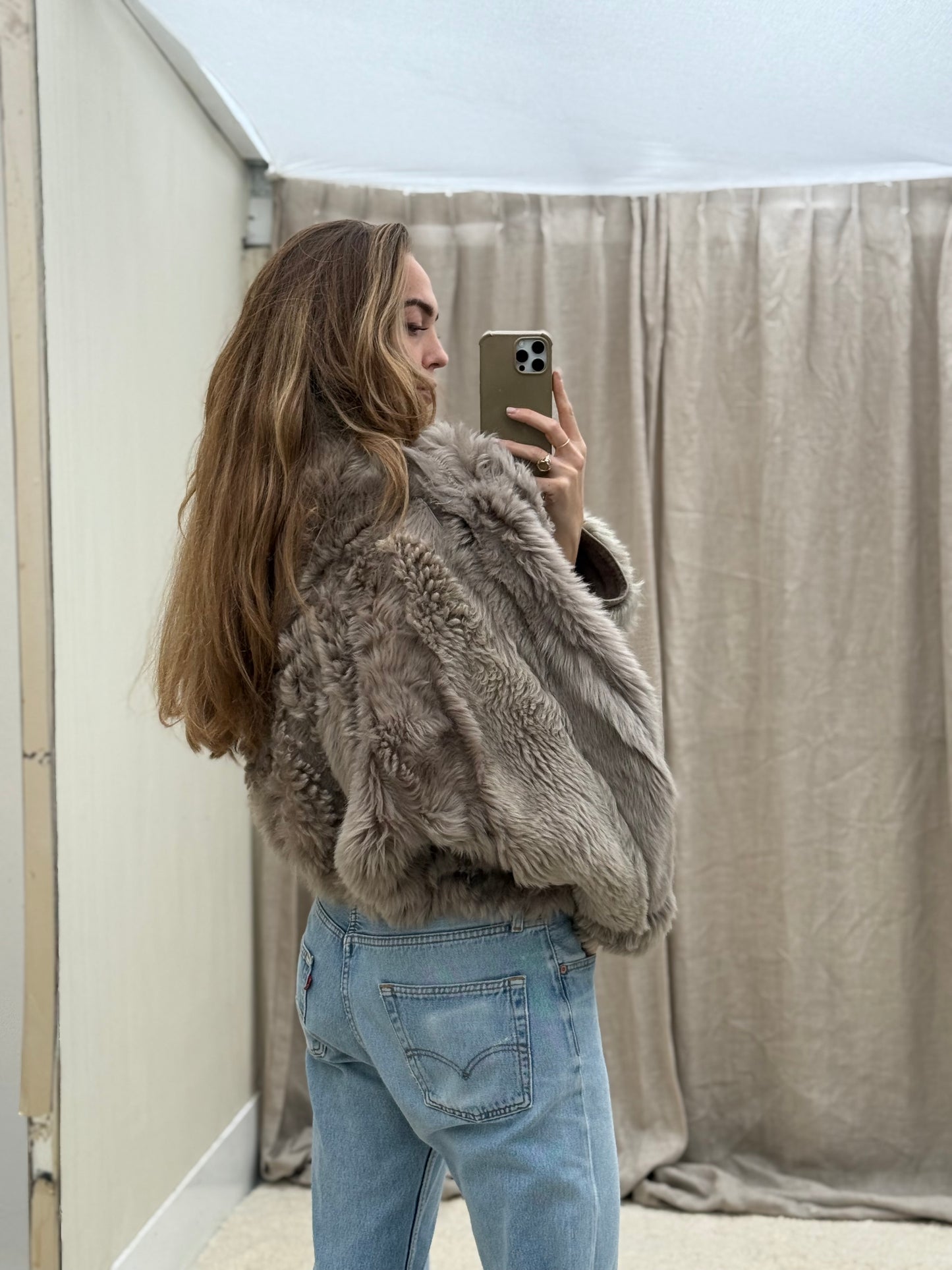 Vintage cropped lammy coat grijs reversible maat S-L
