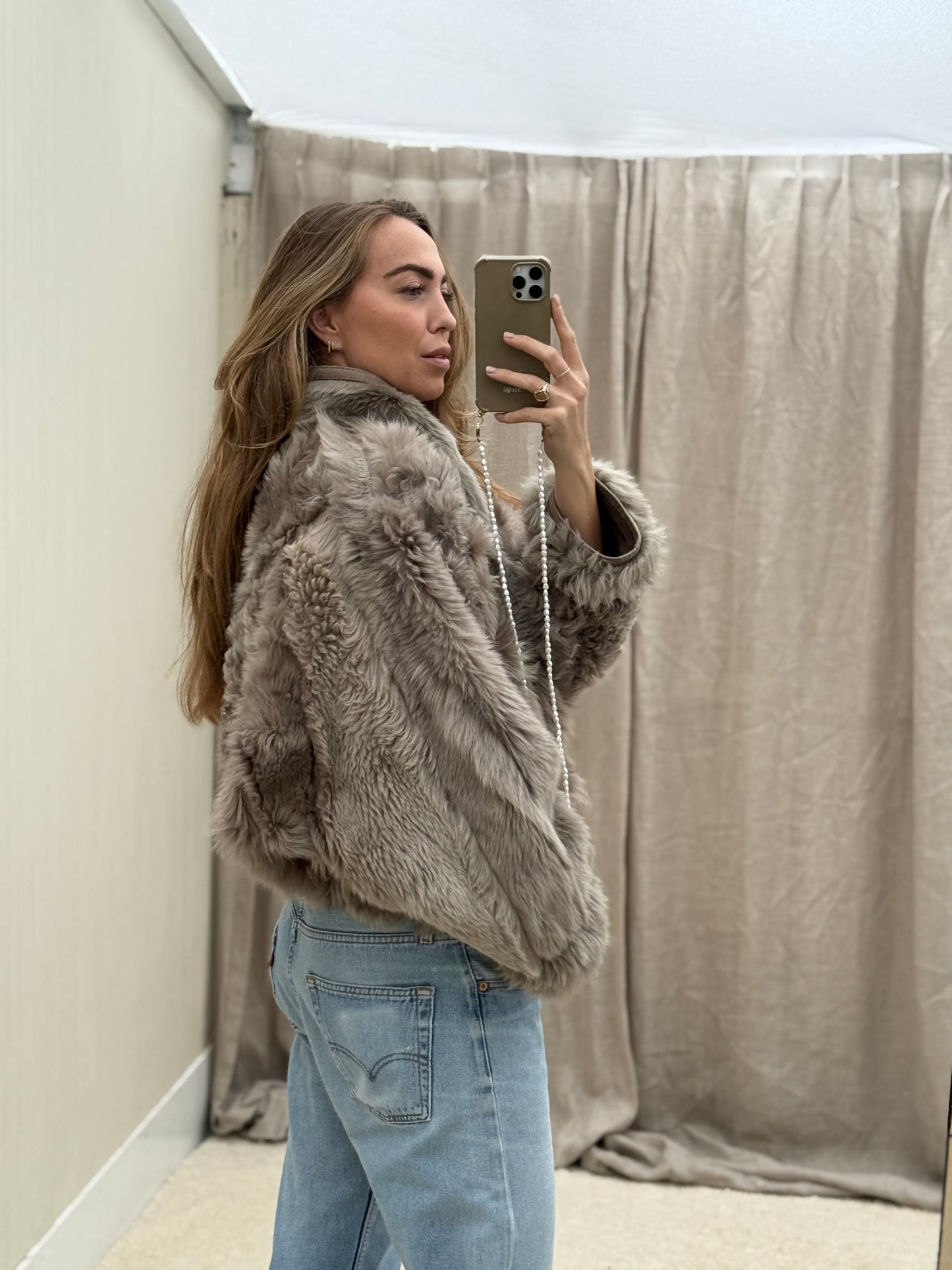 Vintage cropped lammy coat grijs reversible maat S-L