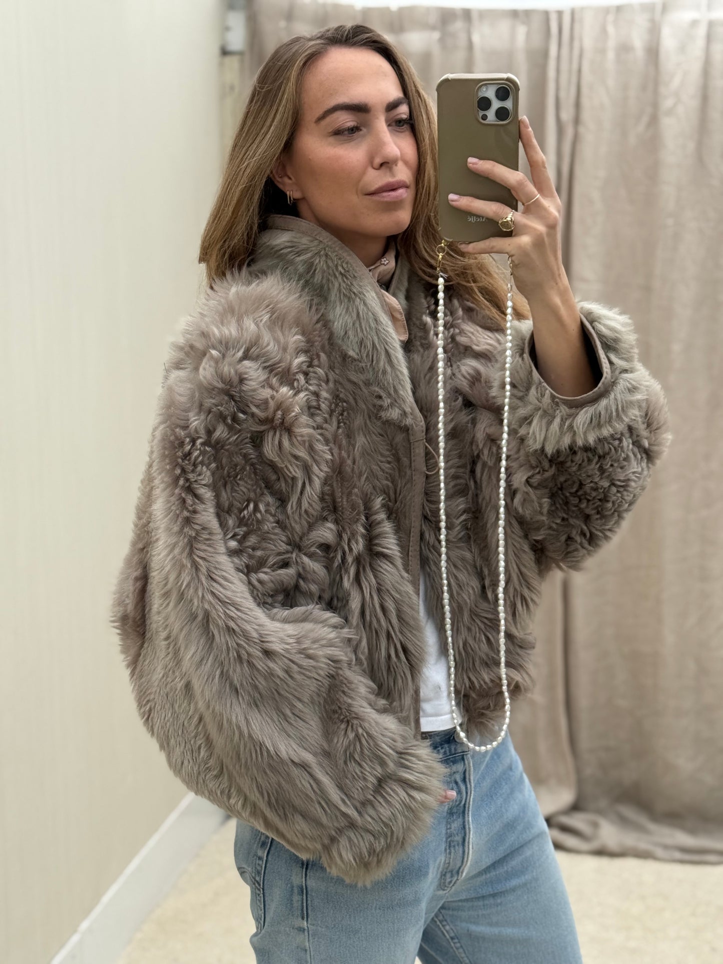Vintage cropped lammy coat grijs reversible maat S-L