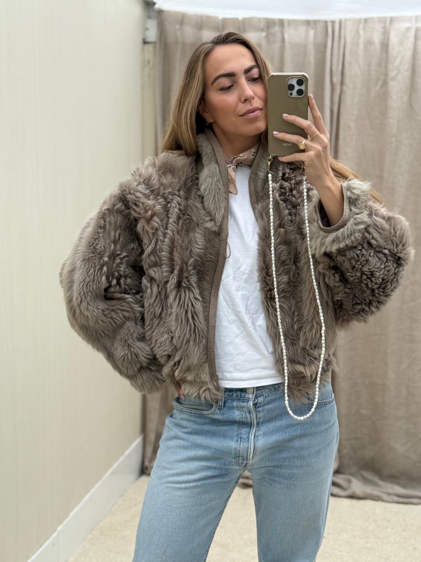 Vintage cropped lammy coat grijs reversible maat S-L