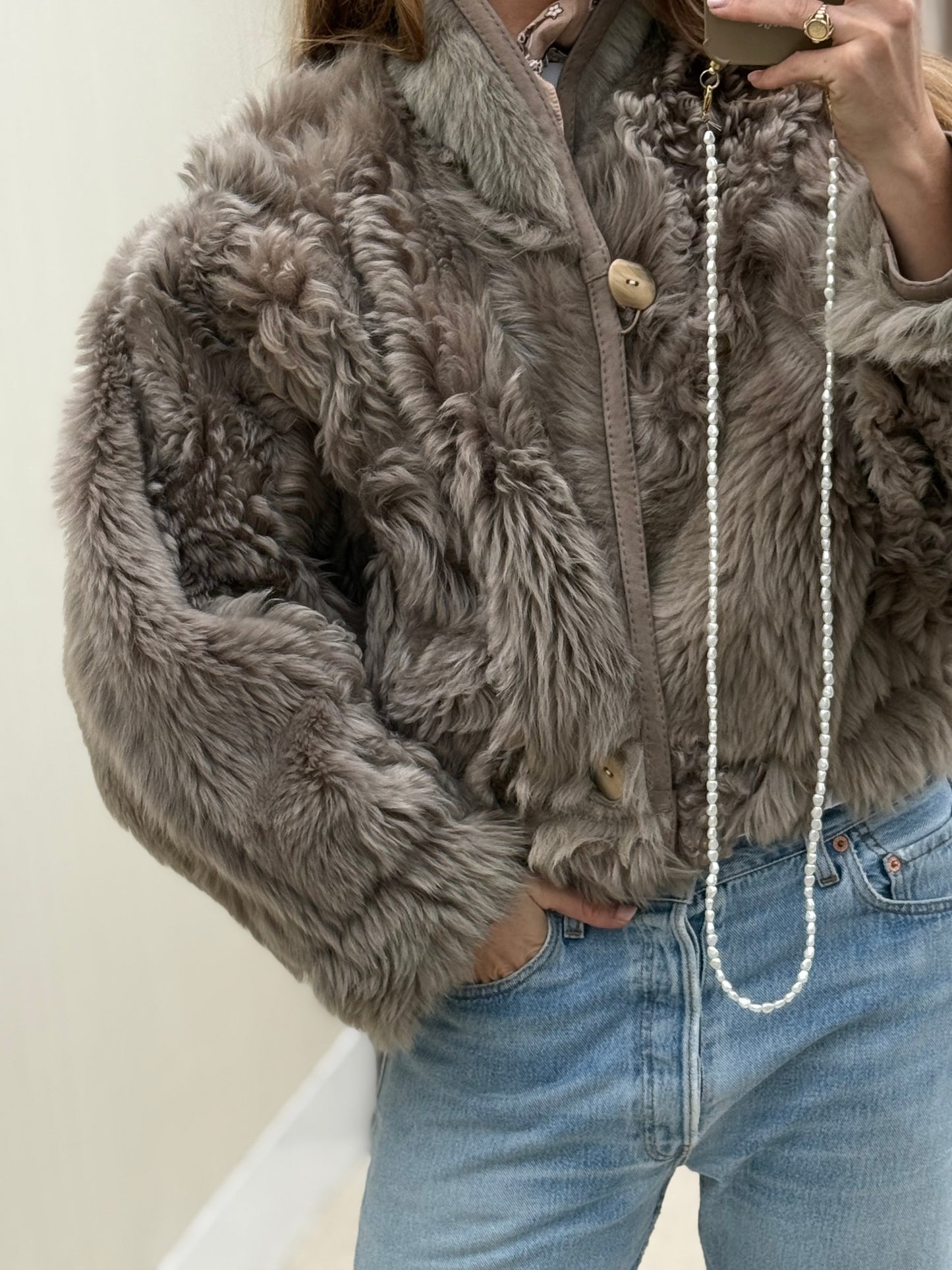 Vintage cropped lammy coat grijs reversible maat S-L